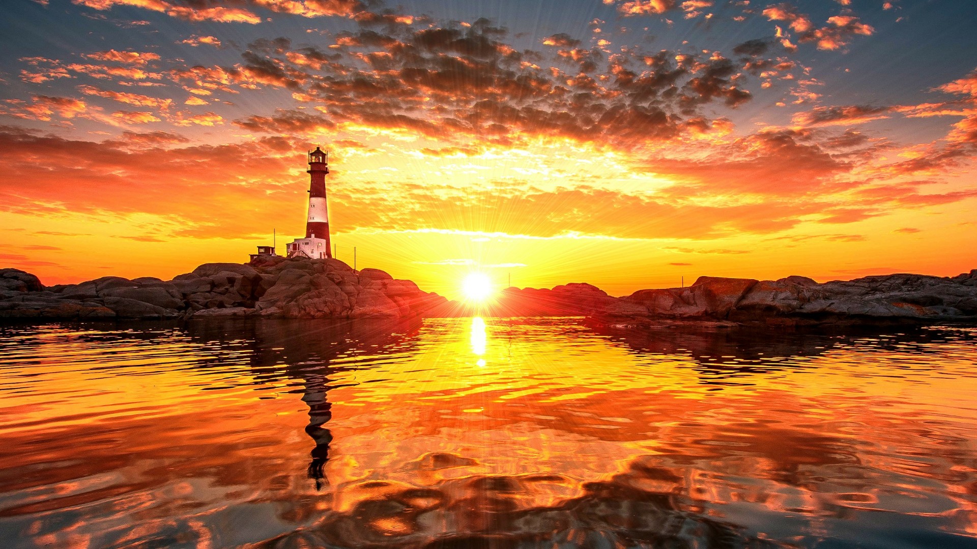 Lighthouse Reflection Sunset 1920x1080