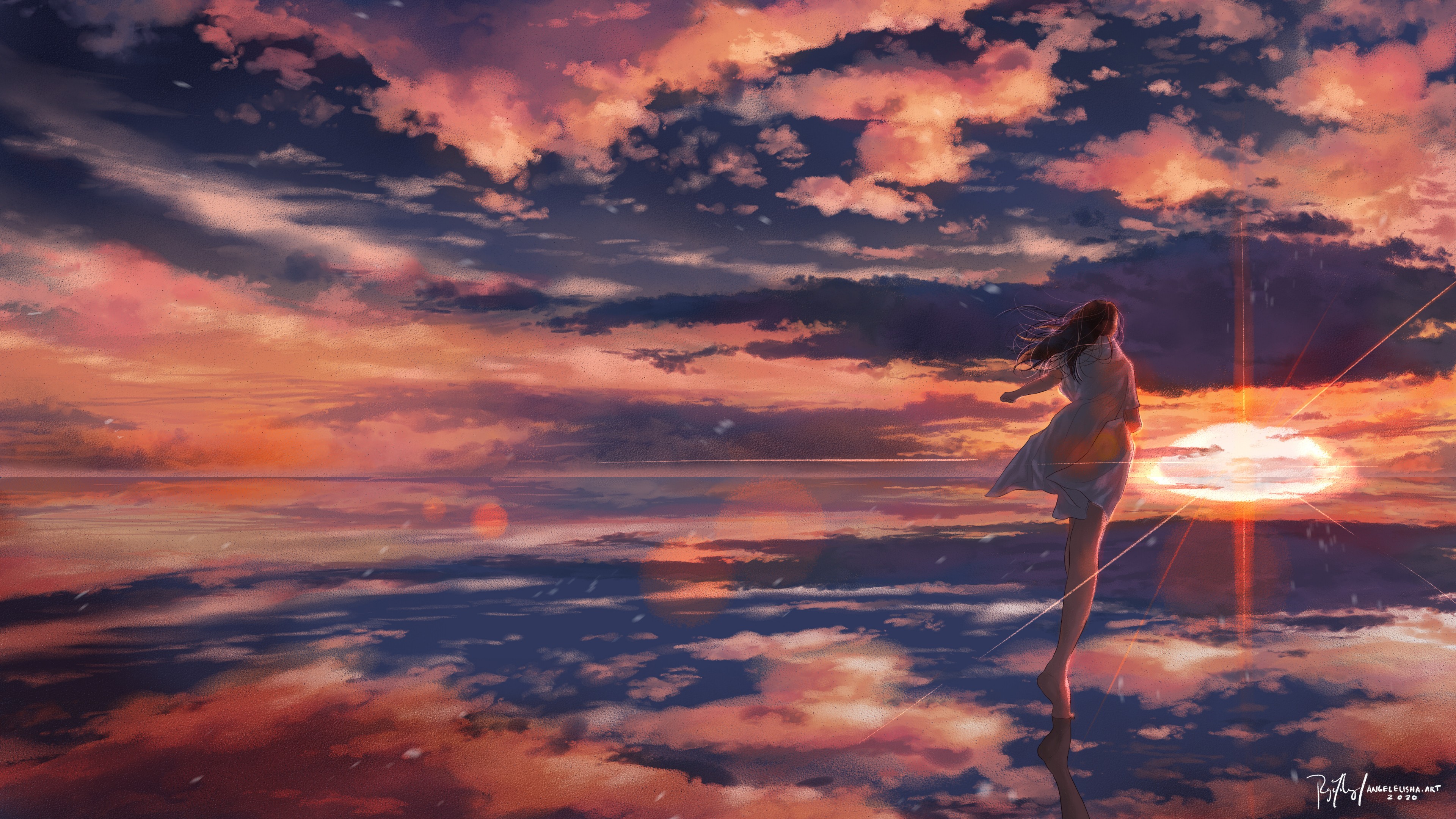 Anime Original Characters Anime Girls Clouds Sunset Sky Water Wallpaper