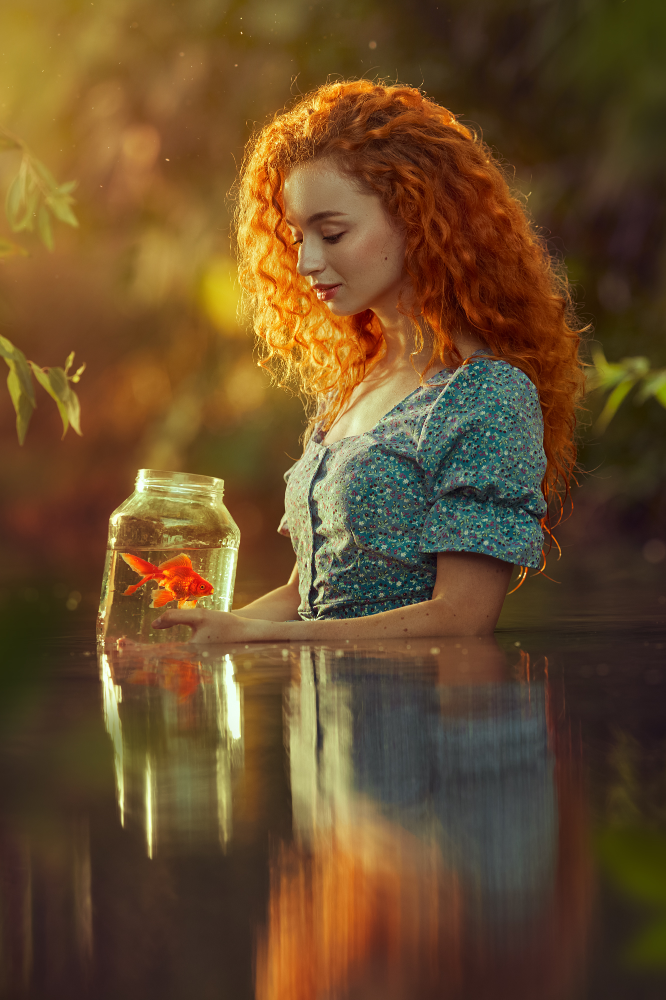Evgeny Loza Women Swamp Nature Water Redhead Long Hair Curly Hair Reflection Jar Fish 1333x2000