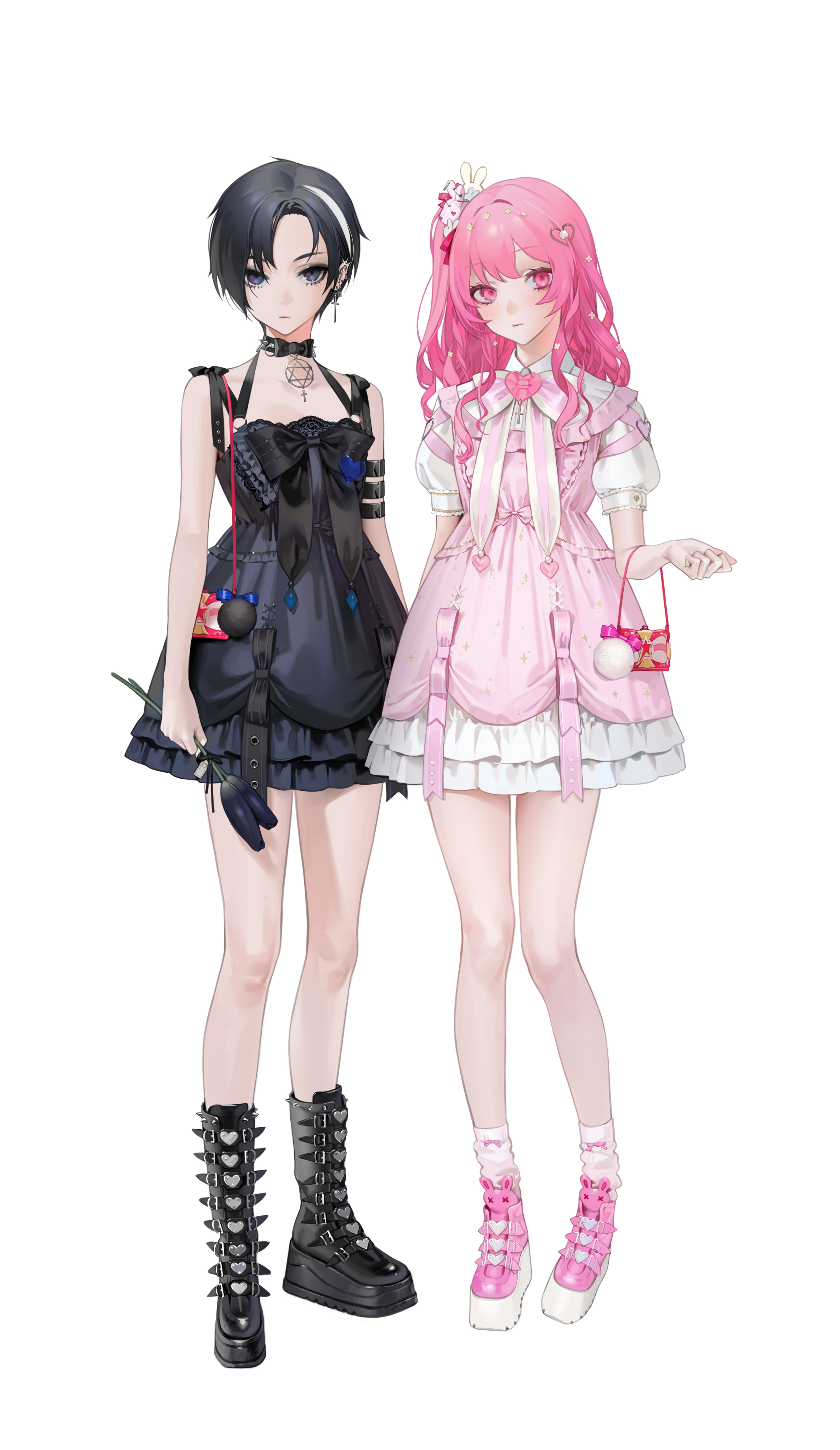Anime Anime Girls Simple Background Ohisashiburi Vertical Short Hair Black Hair Pink Hair Dress 2372x4093