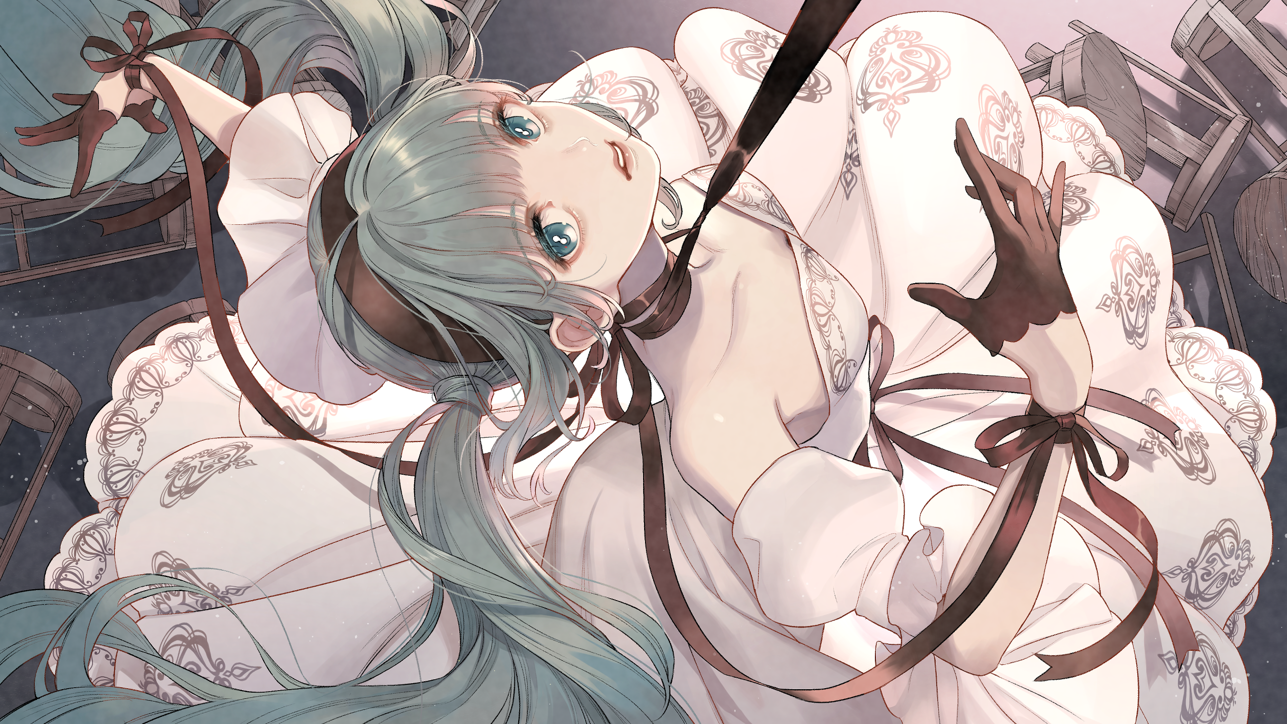 Anime Anime Girls Vocaloid Hatsume Miku Chair Ribbons Green Hair Gloves Long Hair Looking At Viewer  2586x1455