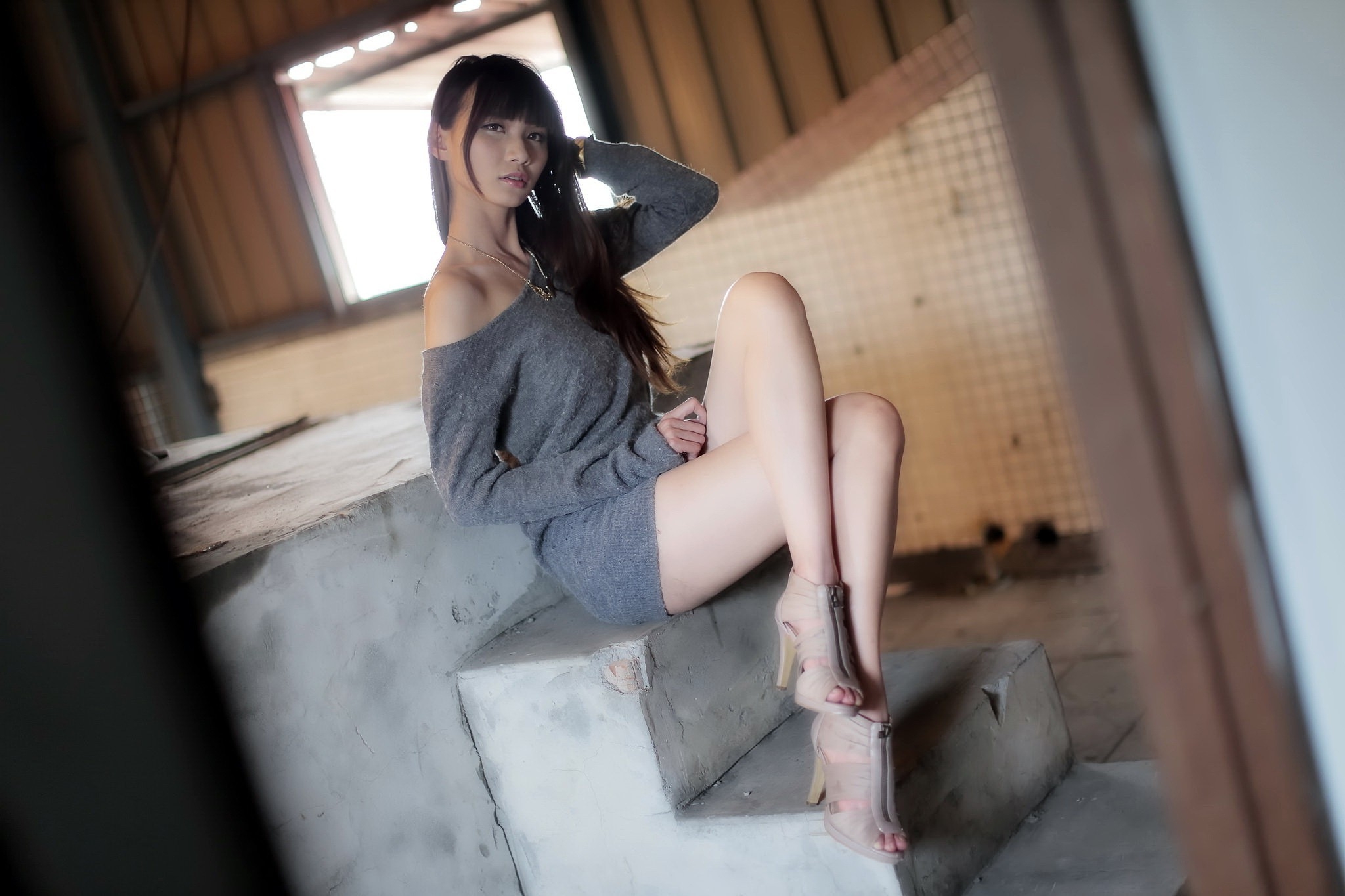 Asian Model Women Long Hair Brunette Depth Of Field Grey Dress Stairs Sitting Open Toed Shoes Bare S 2048x1365