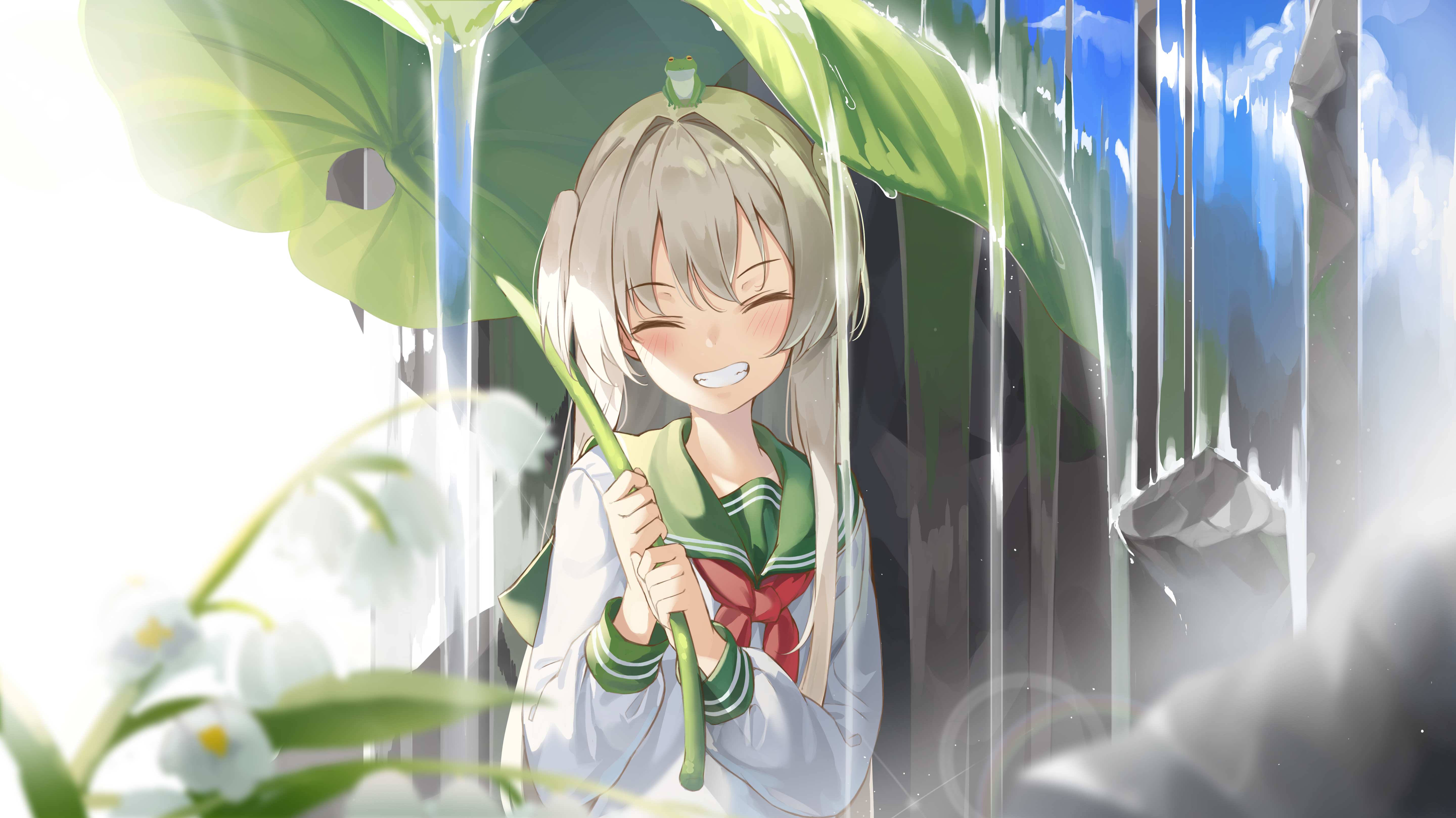 Anime Anime Girls Blonde Long Hair Smiling Closed Eyes Plants Flowers Frog Water Drops Waterfall Roc 5760x3240
