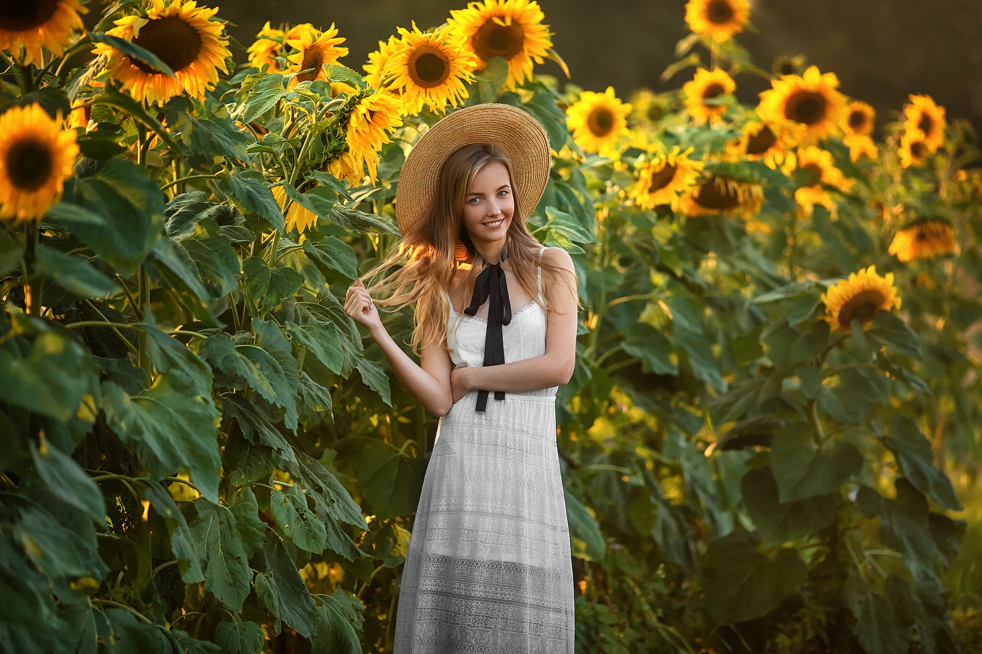 Blonde Girl Hat Model Smile Sunflower White Dress Woman Yellow Flower 1920x1280