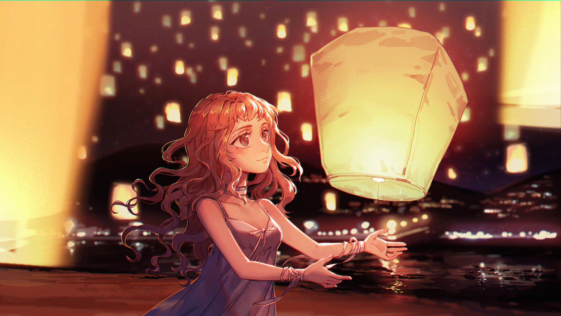 Anime Anime Girls Redhead Sky Lanterns River City Lights Night Sun Dress 1920x1080