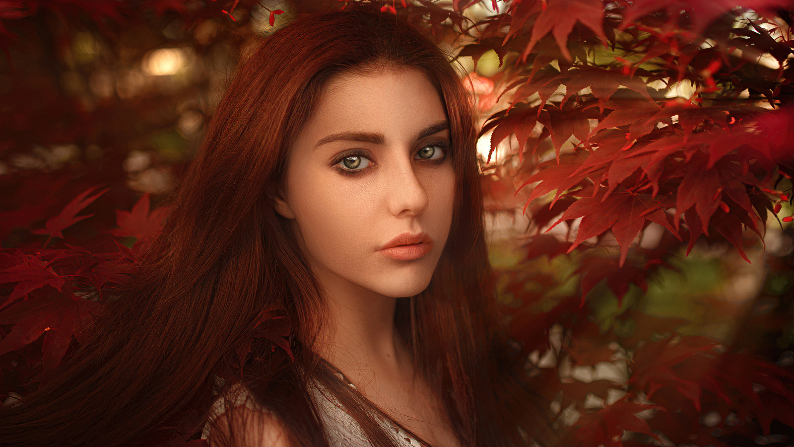 Leaves Women Women Outdoors Sunlight Warm Looking At Viewer Green Eyes Nature Model Face Portrait Ph 1600x900