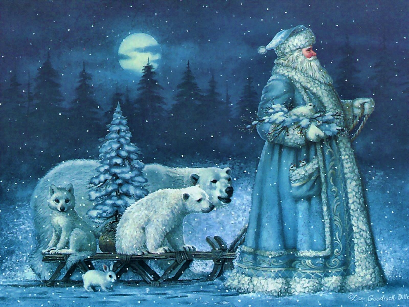 Animal Blue Moon Painting Polar Bear Santa Sleigh Snow Tree 1600x1200