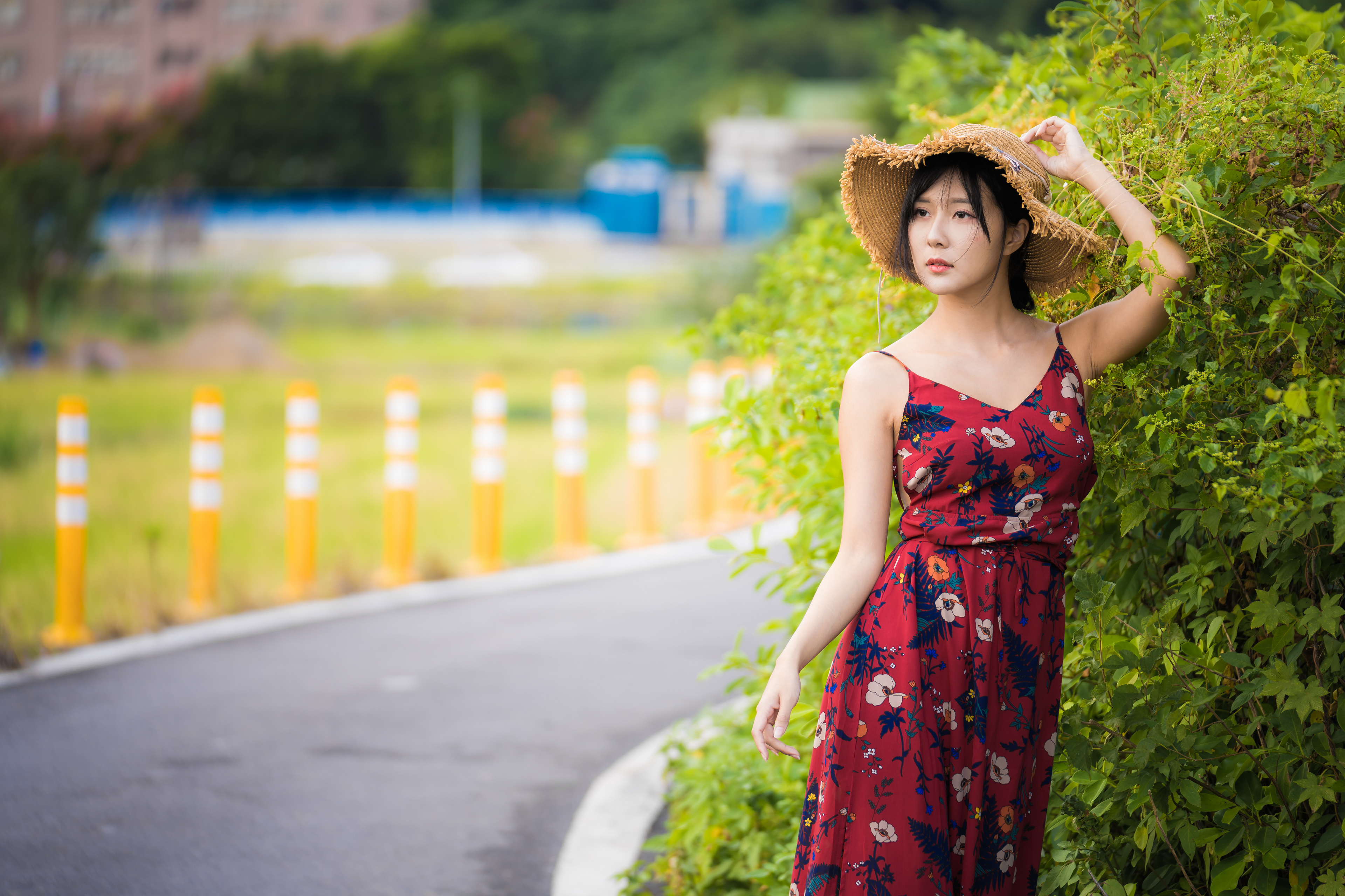 Asian Model Women Long Hair Brunette Straw Hat Flower Dress Bushes Grass Depth Of Field Poles Trees  3840x2560