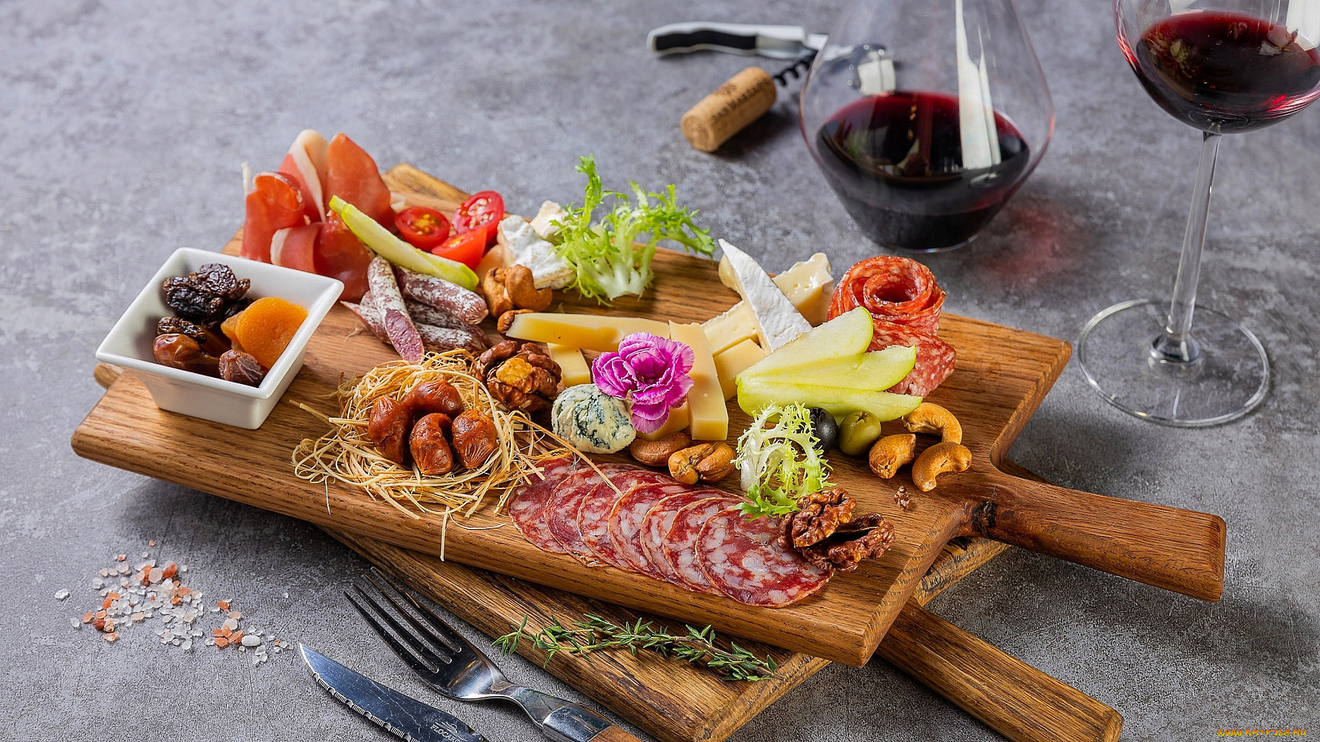 Food Fork Knife Sausage Cheese Vegetables Tomatoes Wine Olives Nuts 1920x1080