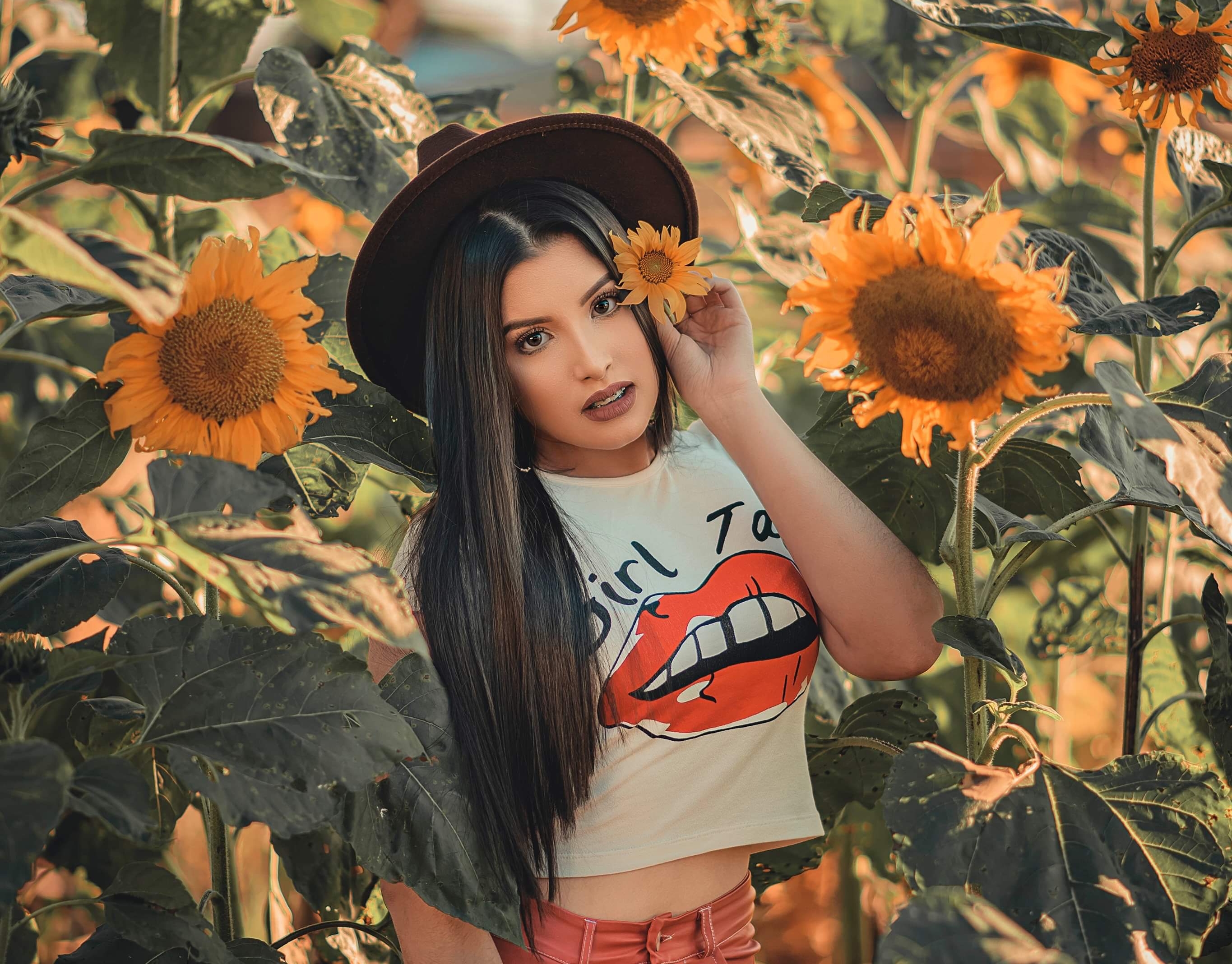 Black Hair Girl Hat Long Hair Model Sunflower Woman 2730x2137