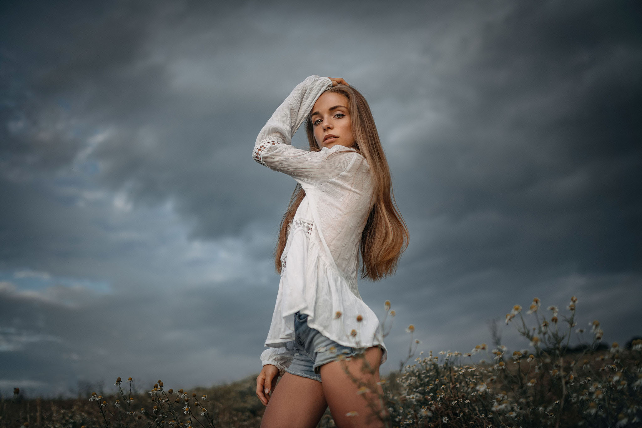 Women Brunette Women Outdoors Sky Clouds Long Hair Jiri Tulach 2048x1365