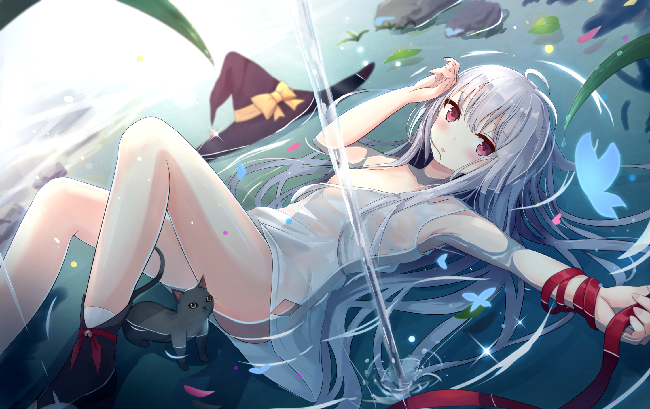 Anime Anime Girls Digital Art Artwork 2D Portrait TouhouRH Cats Witch Hat Silver Hair Red Eyes Water 2257x1422