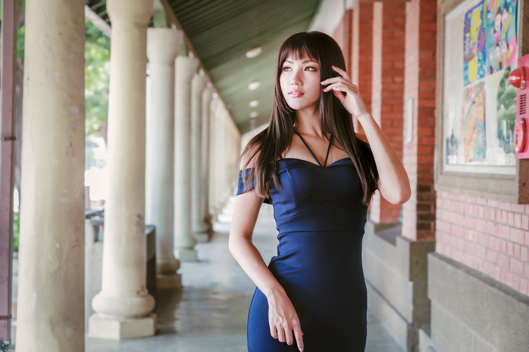 Asian Women Model Long Hair Brunette Blue Dress Column Passage 2048x1366