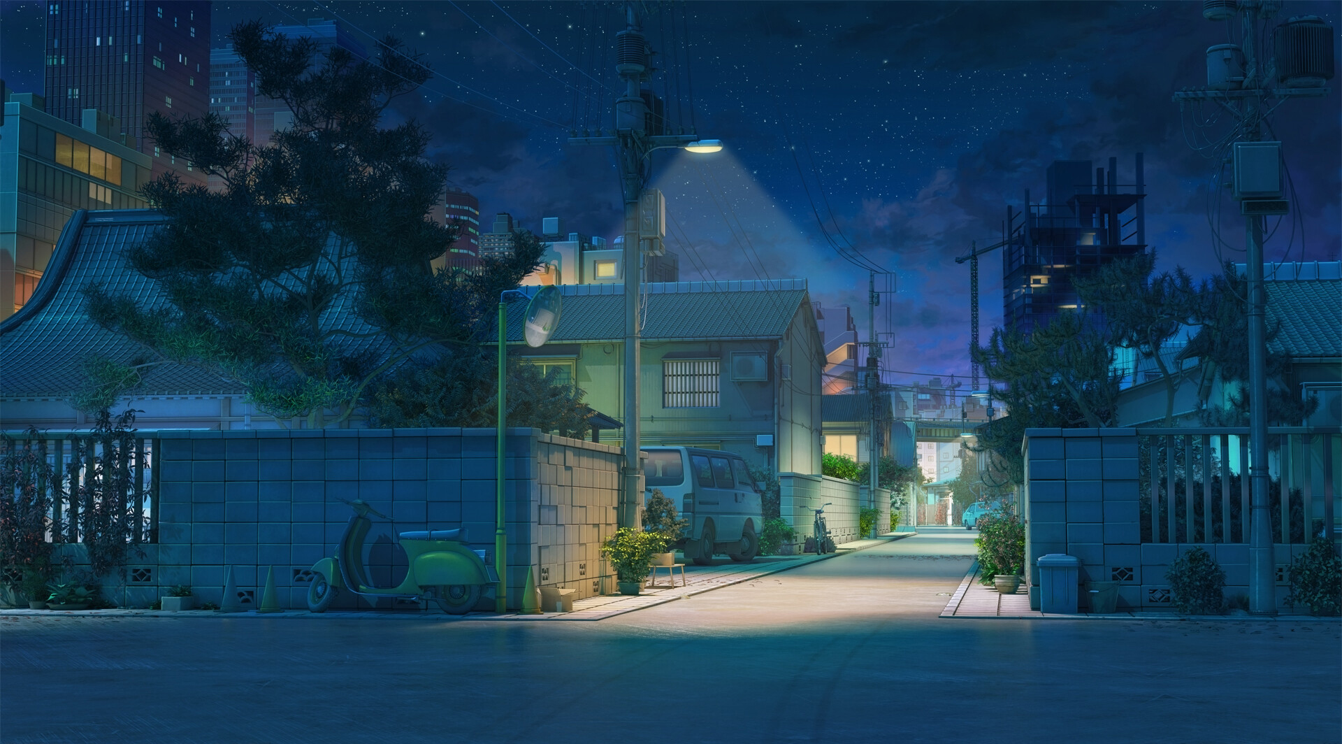 Japan Anime Clouds Street Motorcyclist Night House Trees Sky Plants Street Light 1920x1064