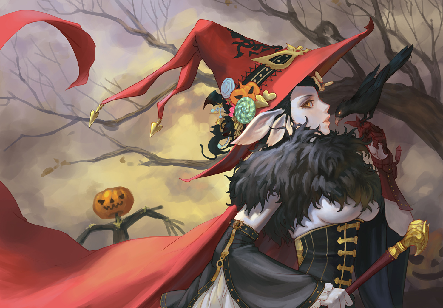 Fantasy Art Fantasy Girl Halloween Witch Hat Elf Ears Crow Pumpkin Yellow Eyes Black Hair Candy Mask 1485x1033
