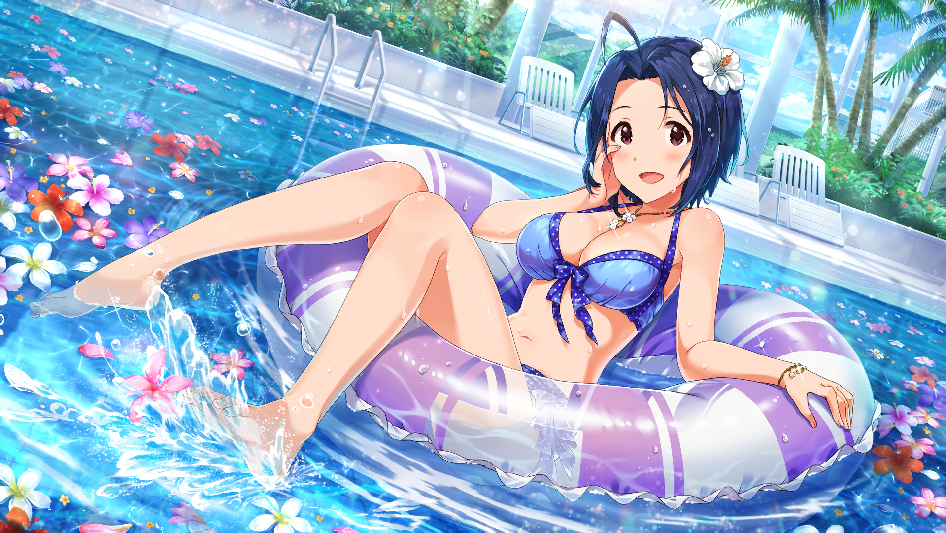 Miura Azusa Anime Girls Short Hair THE IDOLM STER Million Live Blue Hair Blue Swimsuit Swimming Pool 1920x1081