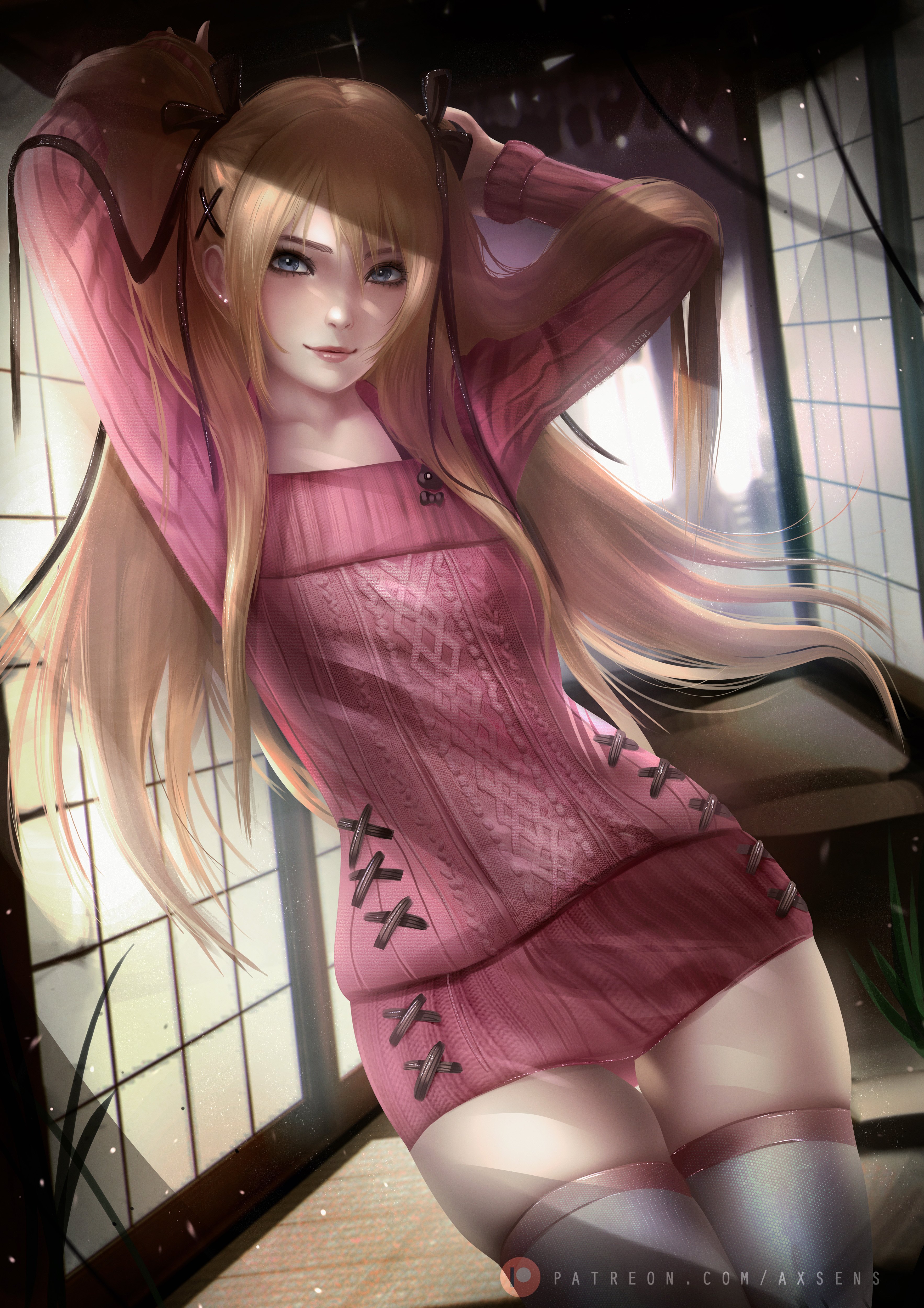 Anime Girls Blonde Digital Art Pink Dress Portrait Display Arms Up Digital Painting Arms Behind Head 3532x5000