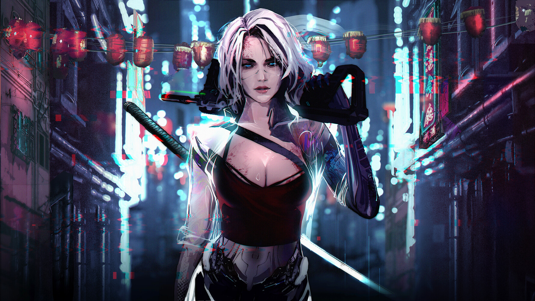 Digital Art Cyberpunk Science Fiction Cyber City Japanese Sword Katana White Hair Cyborg Artwork 1778x1000