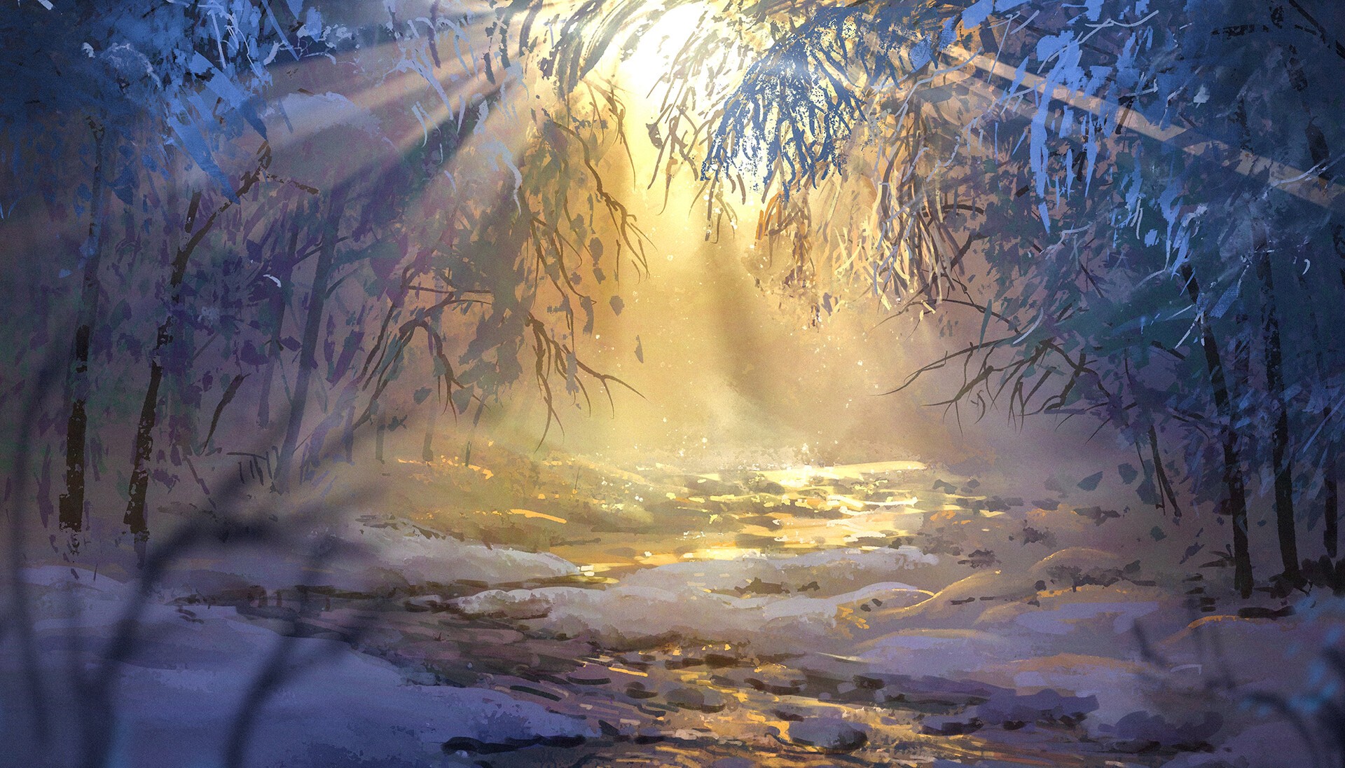 Anime Winter Forest Snow Sunrise Surendra Rajawat 1920x1096