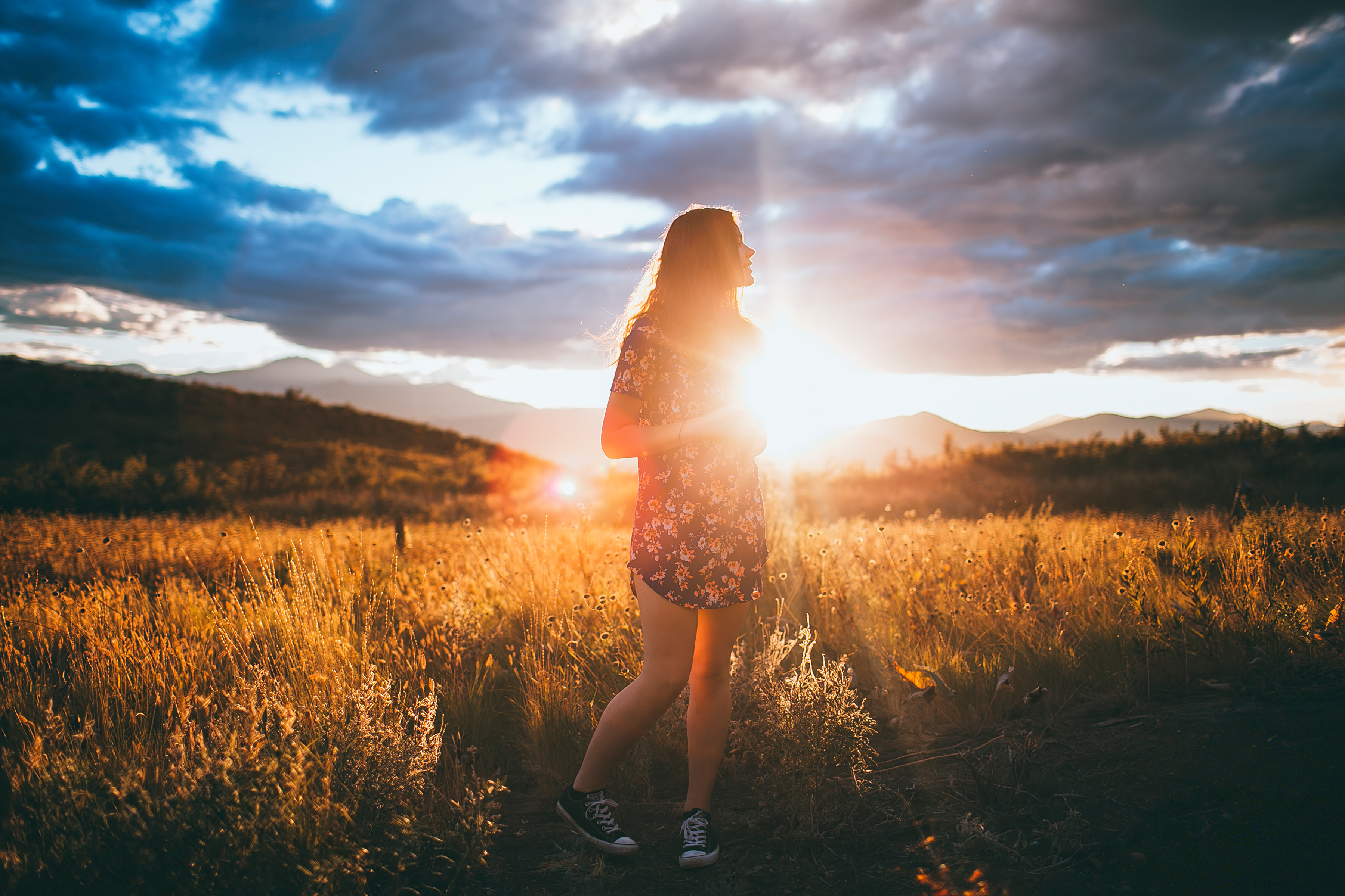 Model Women Women Outdoors Clouds Nature Flower Dress Field Depth Of Field Warm Light Sunset Overcas 3600x2400