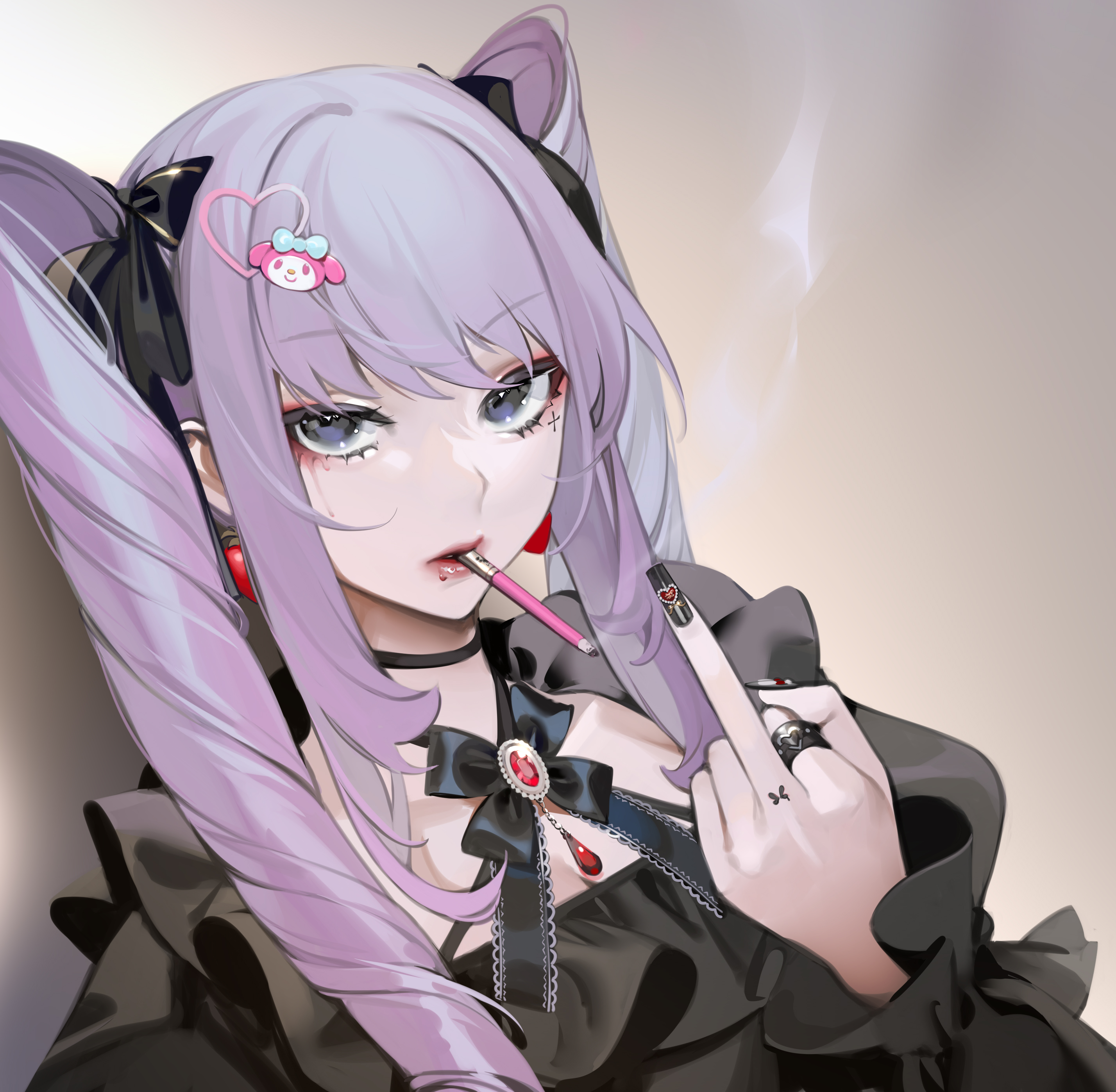 Anime Anime Girls Simple Background Smoking Dress Twintails Purple Hair Dark Eyes Ohisashiburi 2856x2796