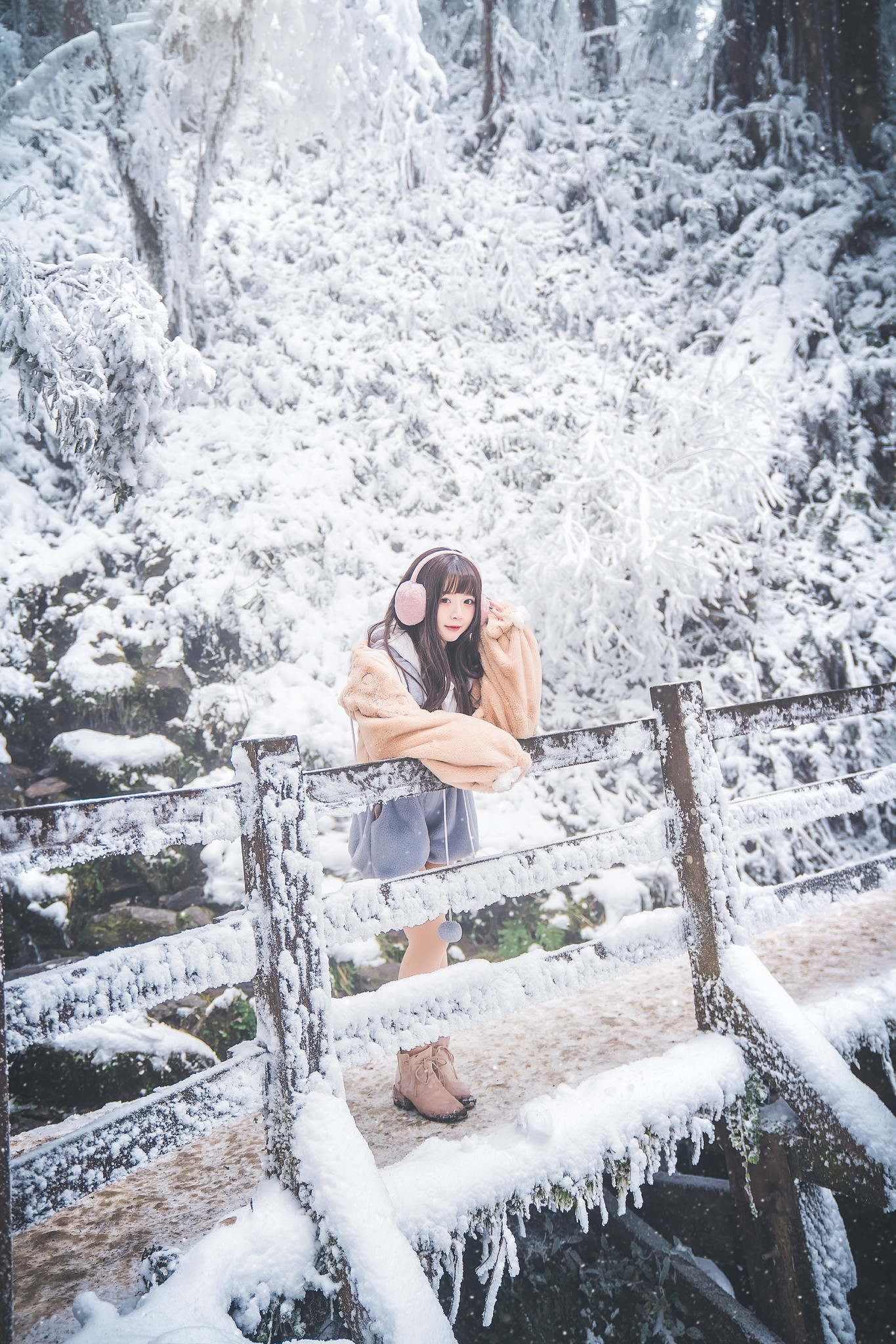 Women Asian Leaning Outdoors Looking At Viewer Women Outdoors Cold Snow Trees Winter Long Hair 1365x2048