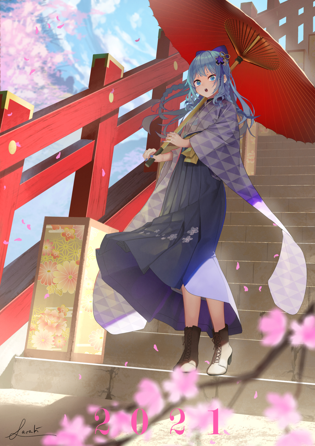 Anime Anime Girls Digital Art Artwork 2D Portrait Display Vertical Umbrella Standing Blue Hair Looki 1202x1700