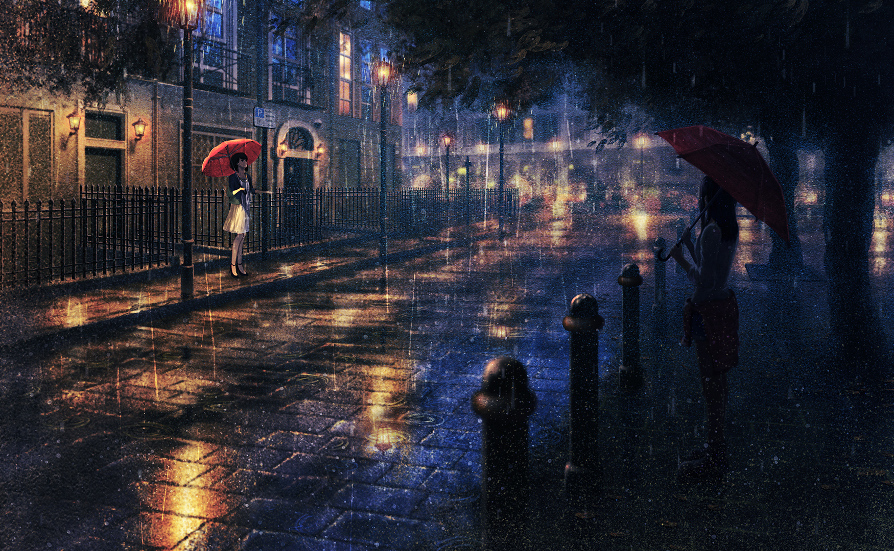 Anime Girls Landscape Night Rain Umbrella Natsu Artist 1750x1080