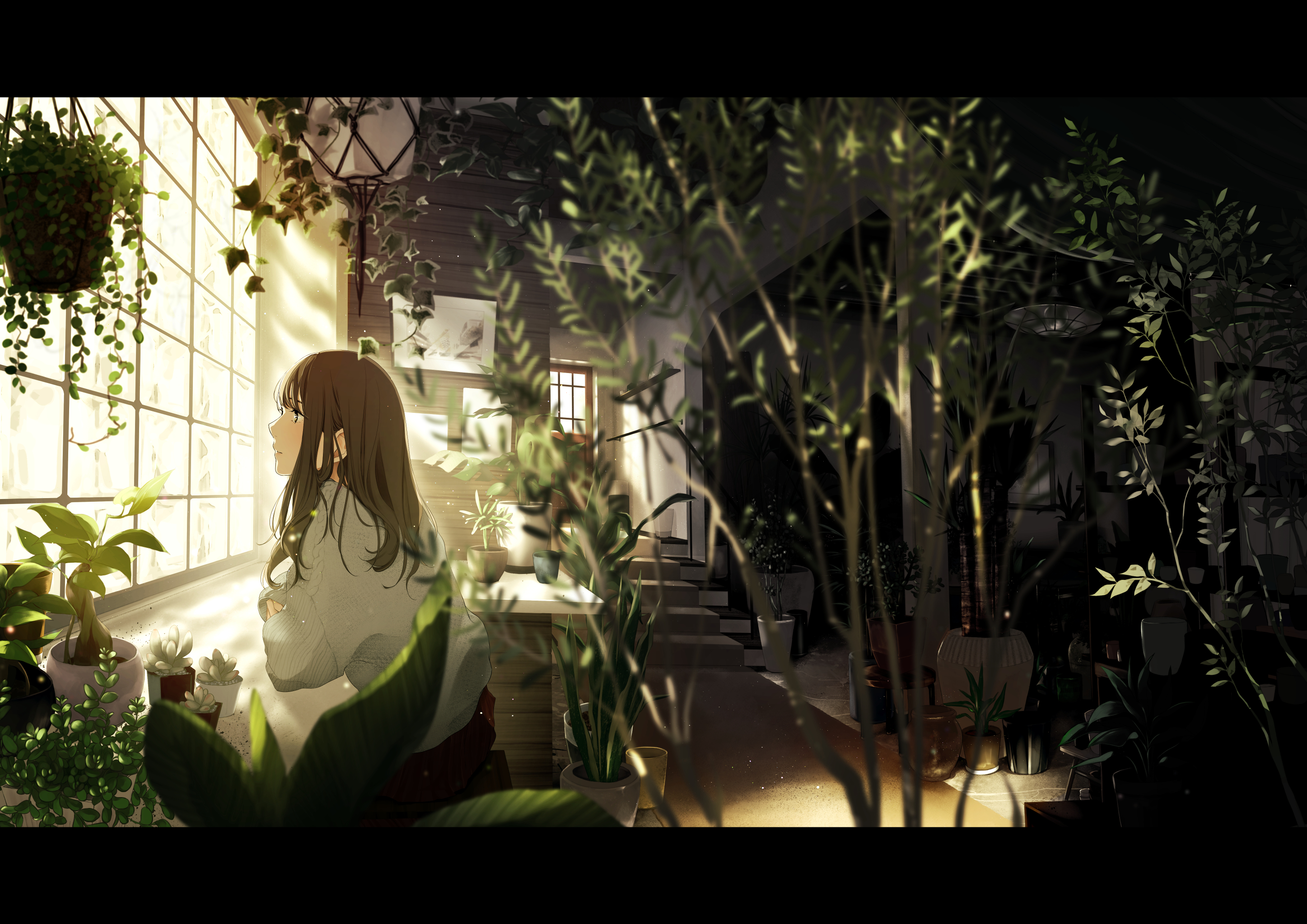 Anime Anime Girls Brunette Long Hair Dark Eyes Leaves Plants Window Room 2894x2046
