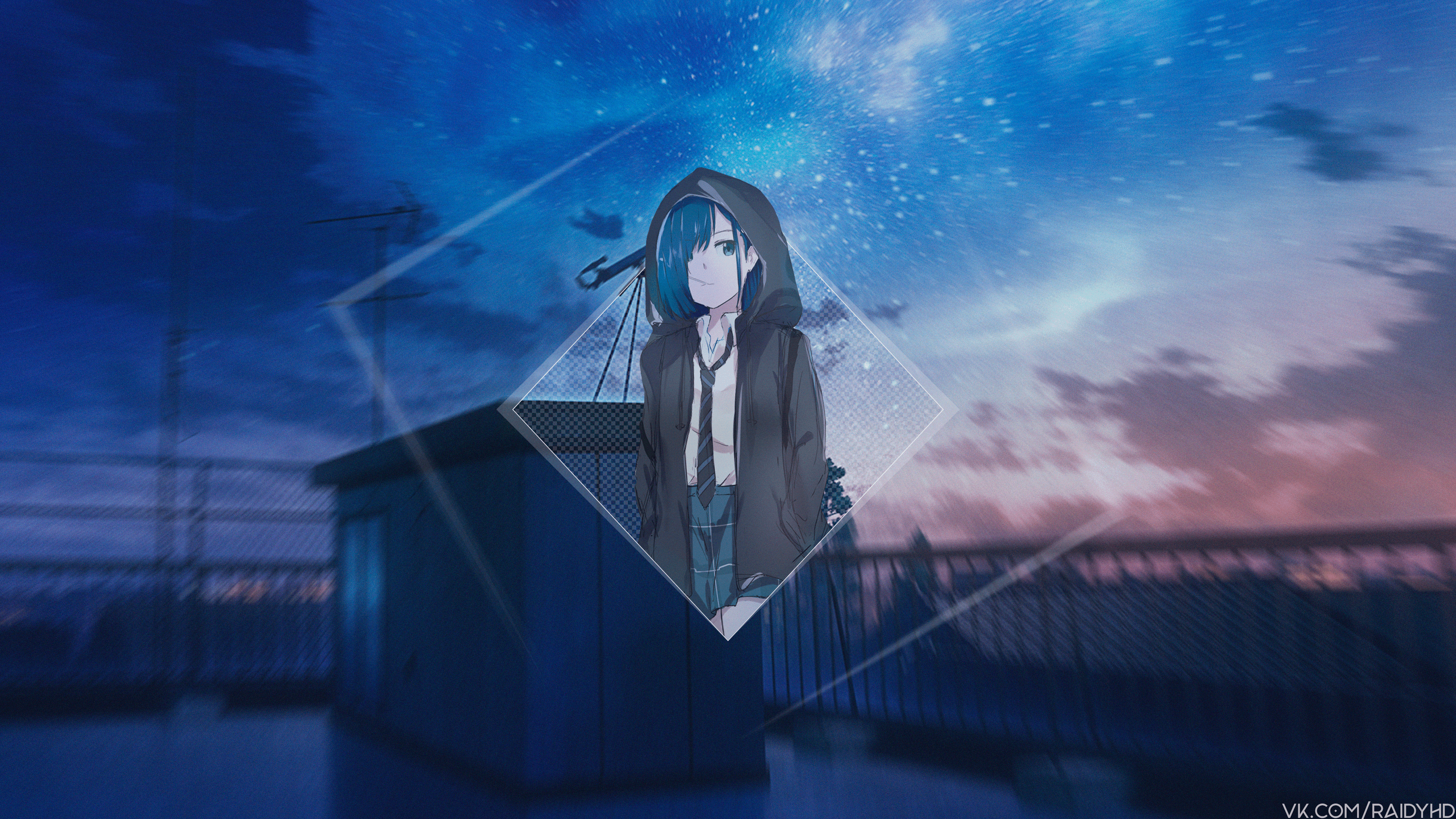 Anime Picture In Picture Anime Girls Sky Stars Blue Hair Smirk Blue Eyes  Hoods Tie Darling In The Fr Wallpaper - Resolution:3840x2160 - ID:1136596 -  