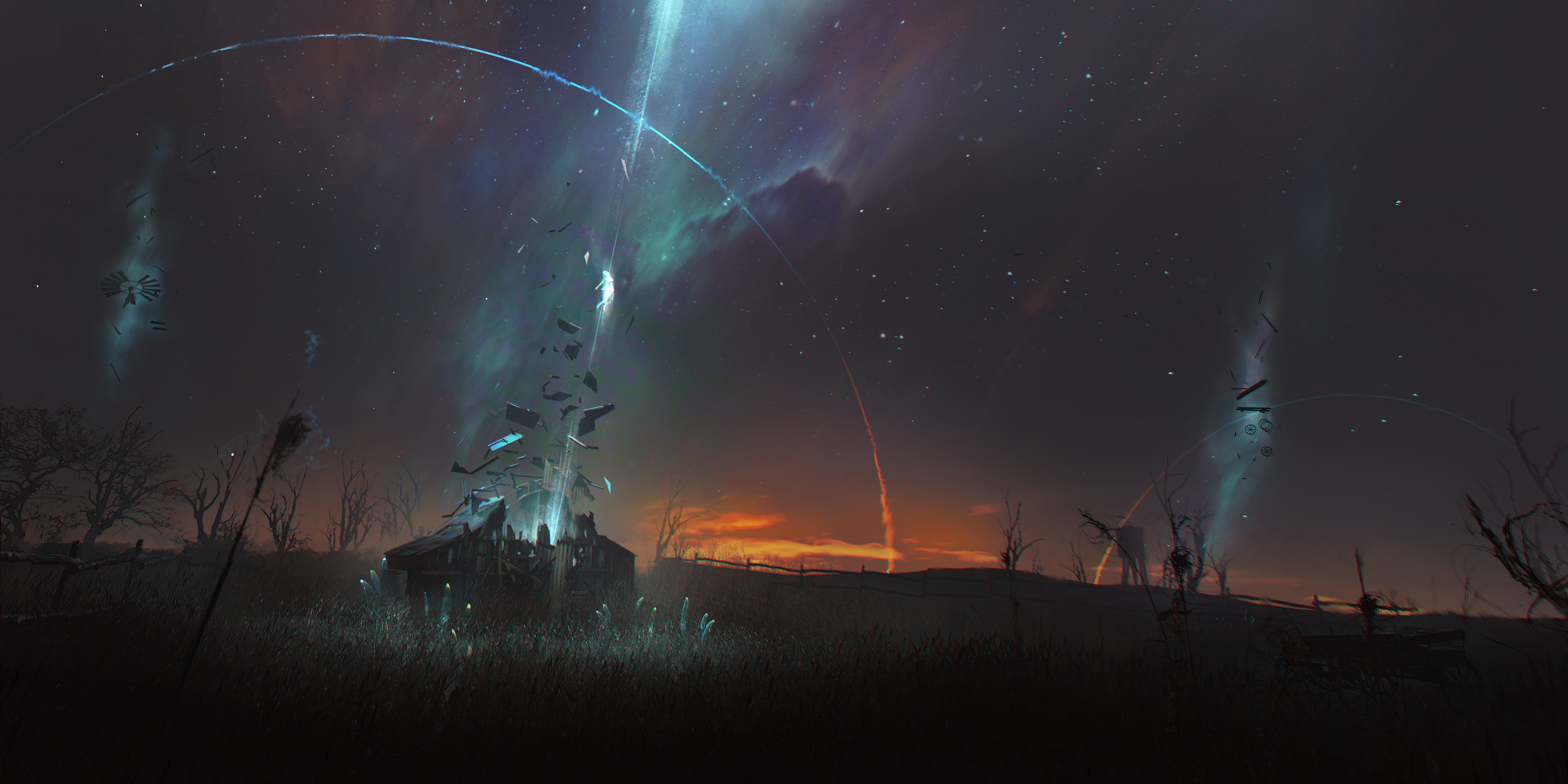 David Metzger Digital Art Fantasy Art Windmill Alien Abduction Stars Space Sunset Aurorae Field 3840x1920