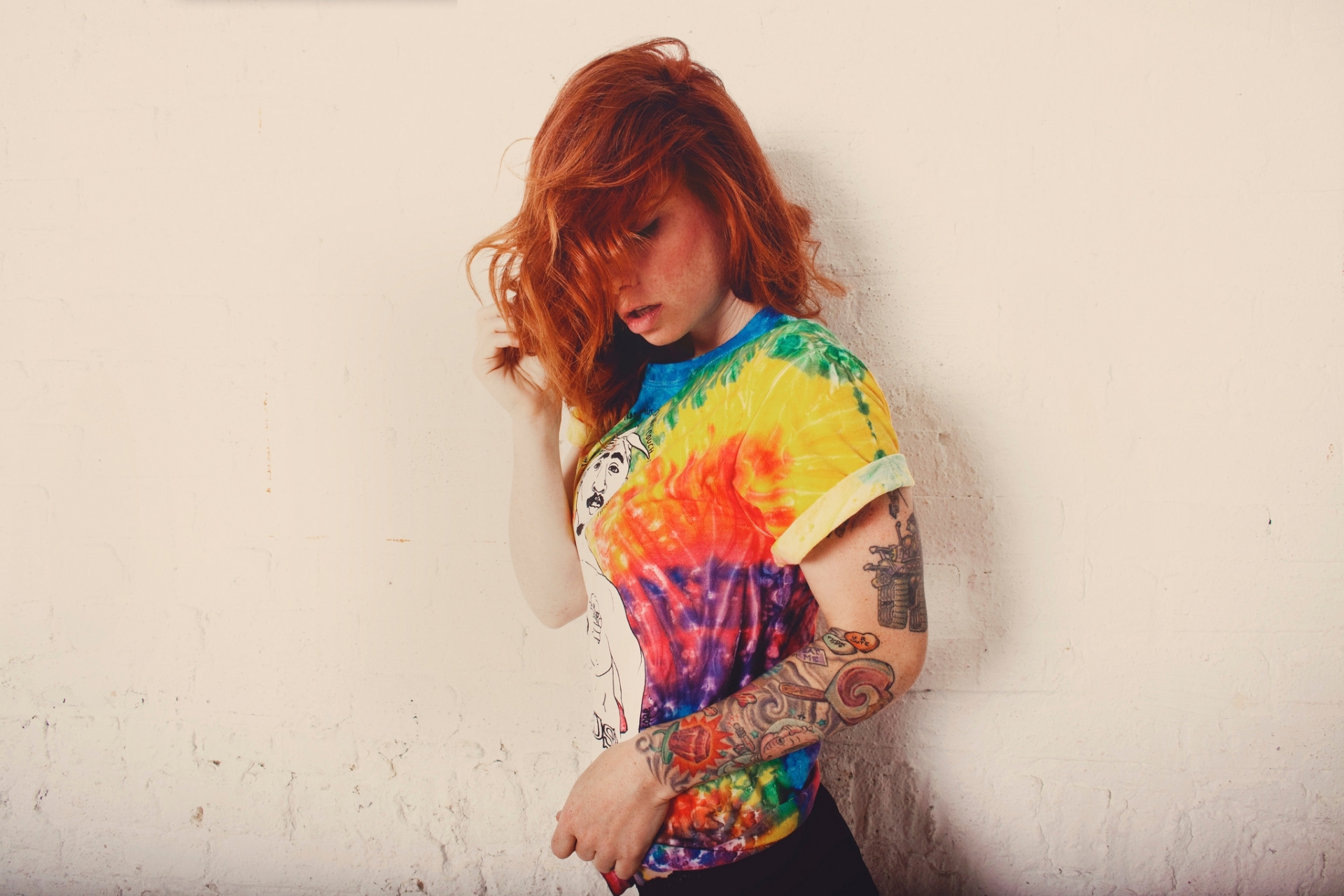 Model Tattoo Sleeve Open Mouth Touching Hair T Shirt Tattoo Simple Background Redhead Women Messy Ha 1920x1280