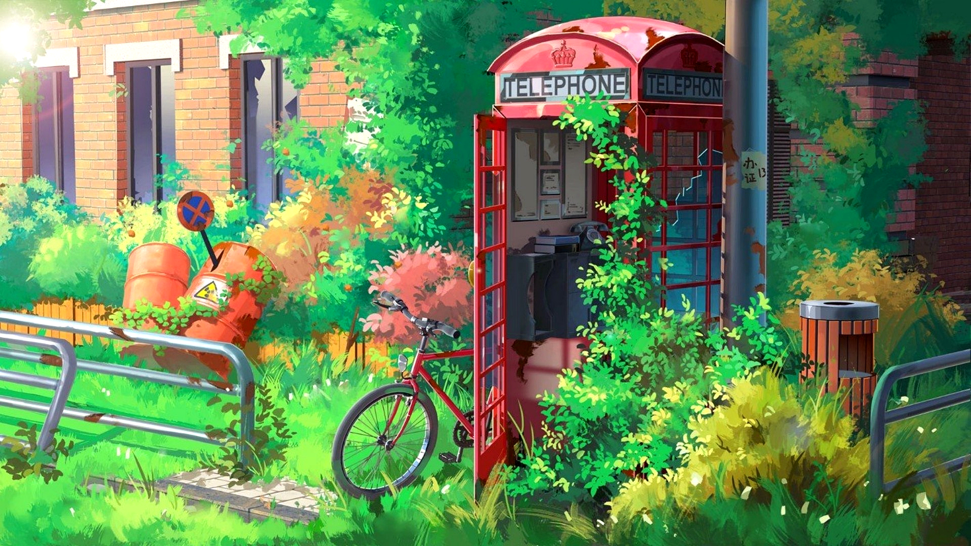 Anime Telephone Bicycle Red Telephone Box Phone Box 1920x1080