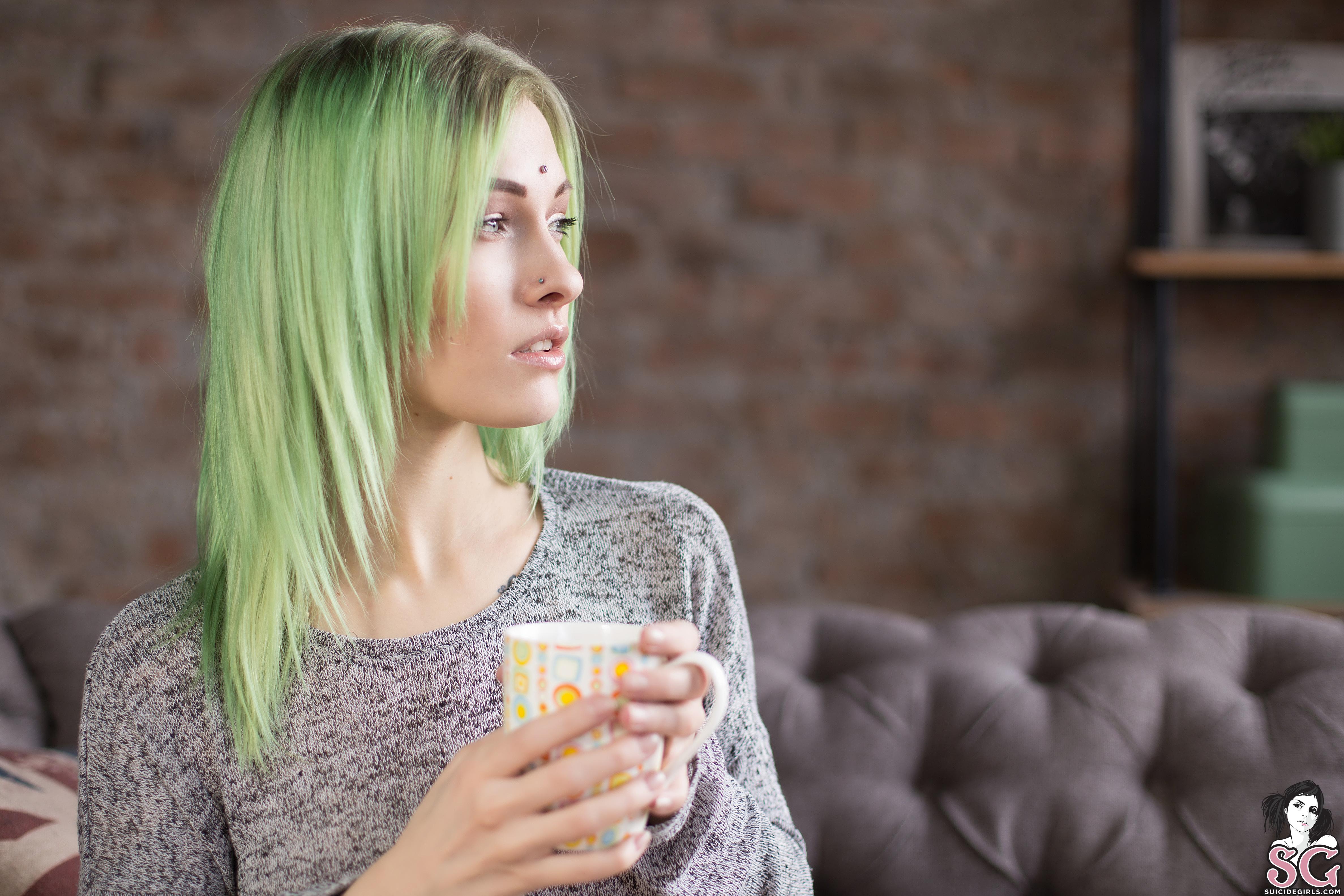 Women Model Dyed Hair Green Hair Sweater Couch Cup Looking Away Depth Of Field Pierced Women Indoors 4748x3165