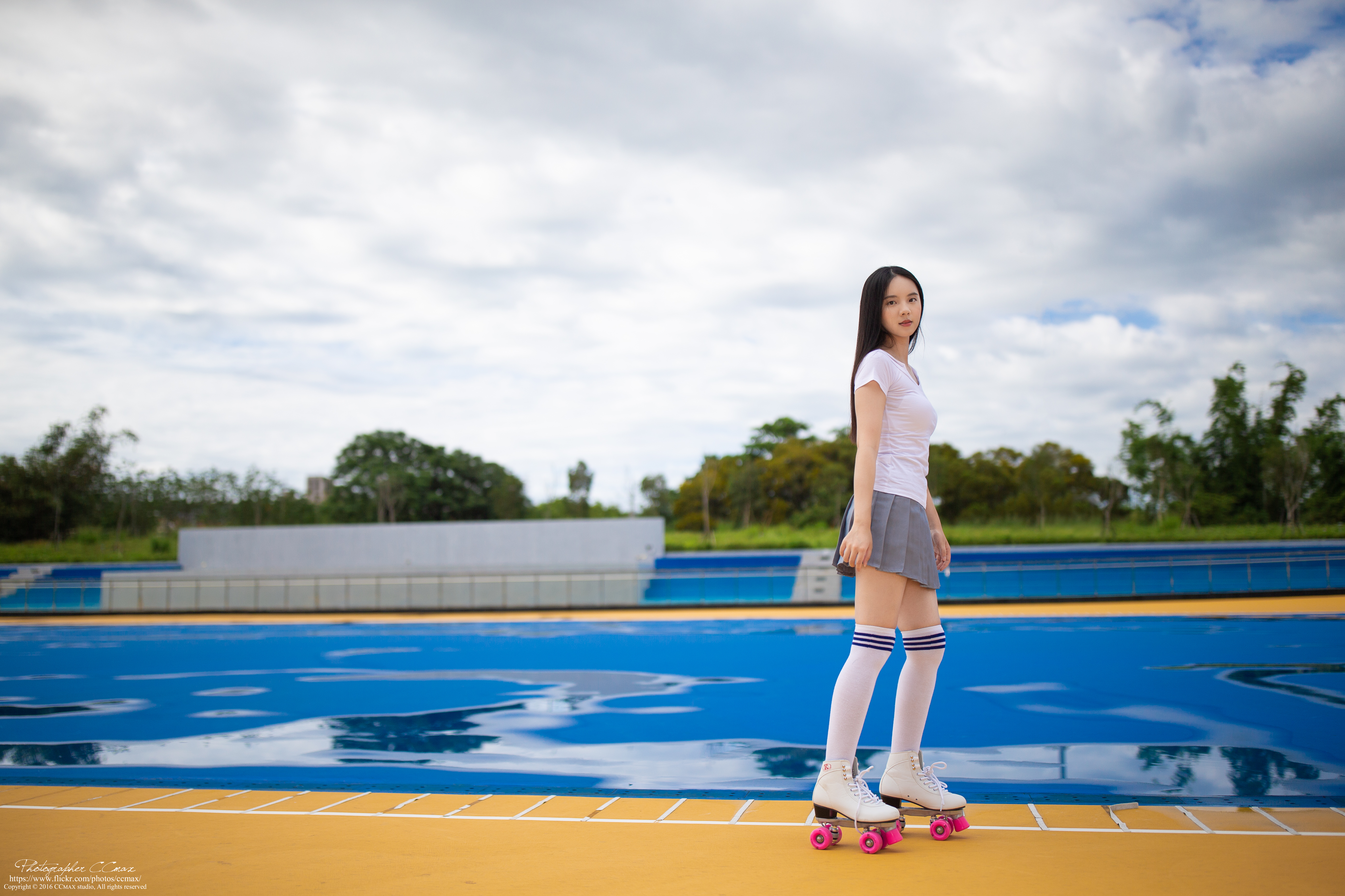 Asian Model Women Long Hair Brunette Rollerskates Skirt Shirt School Uniform Knee High Socks 5184x3456