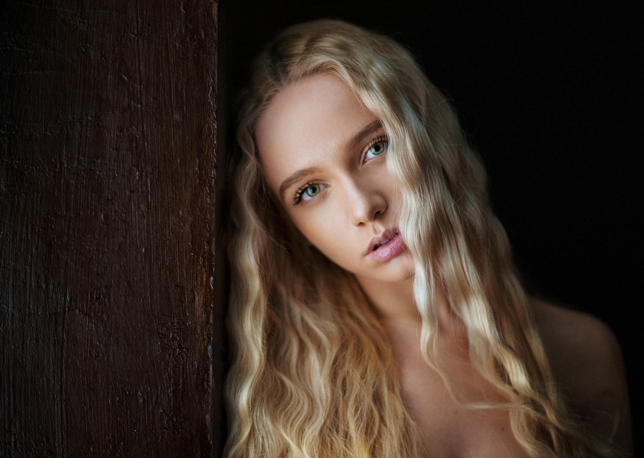 Maxim Maximov Women Maria Popova Blonde Long Hair Wavy Hair Blue Eyes Looking At Viewer Portrait Res 2048x1458