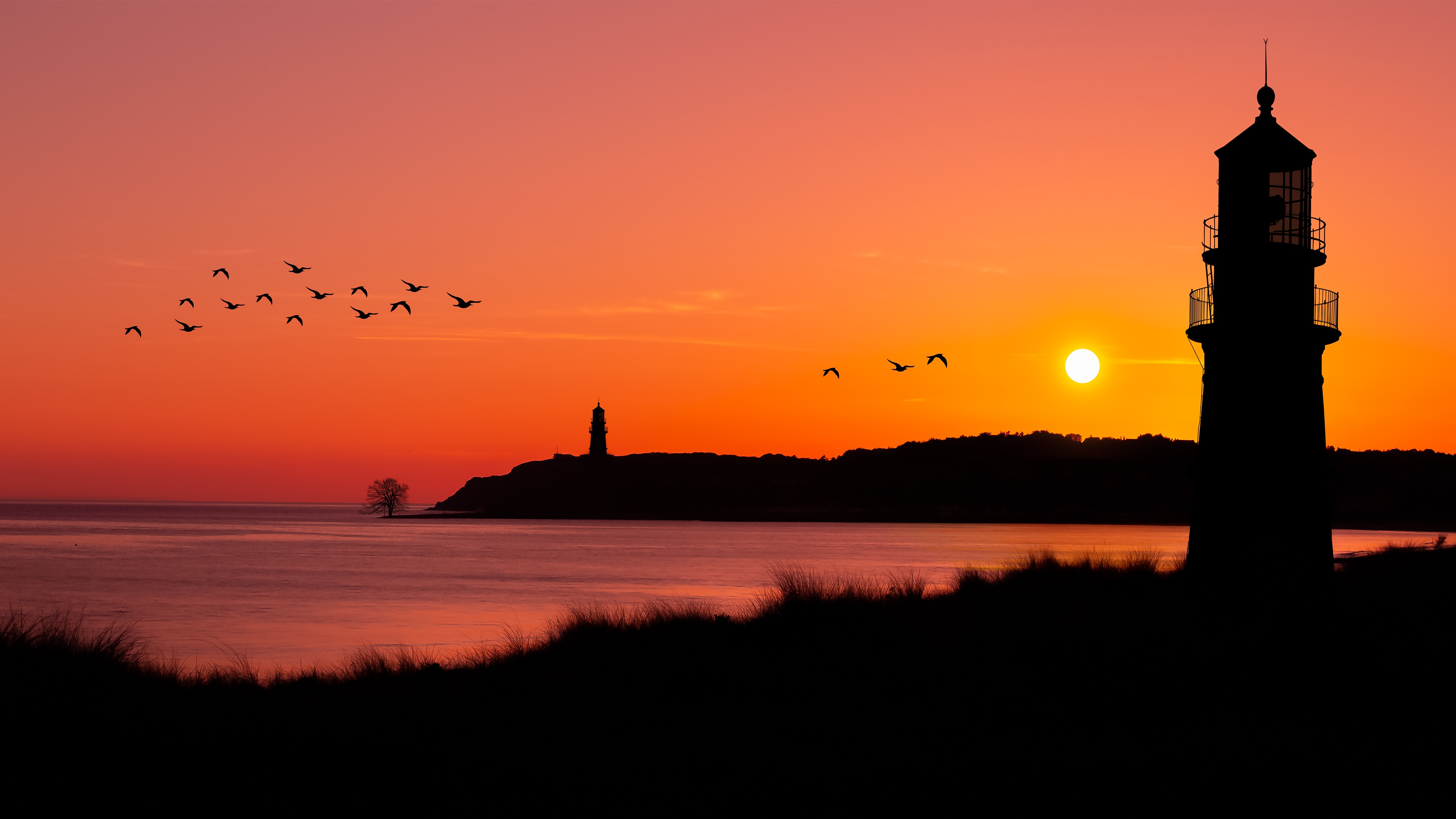 Flock Of Birds Lighthouse Ocean Sunset 3840x2160