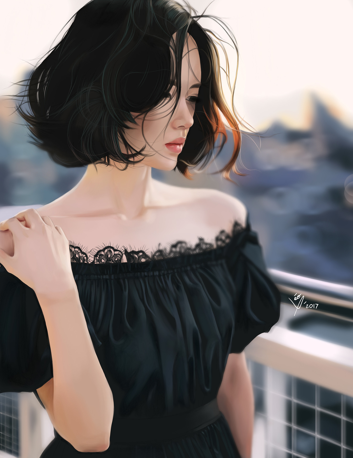 Leo Queval Women Black Dress Dark Hair Digital Art Artwork Portrait Display ArtStation 1477x1920