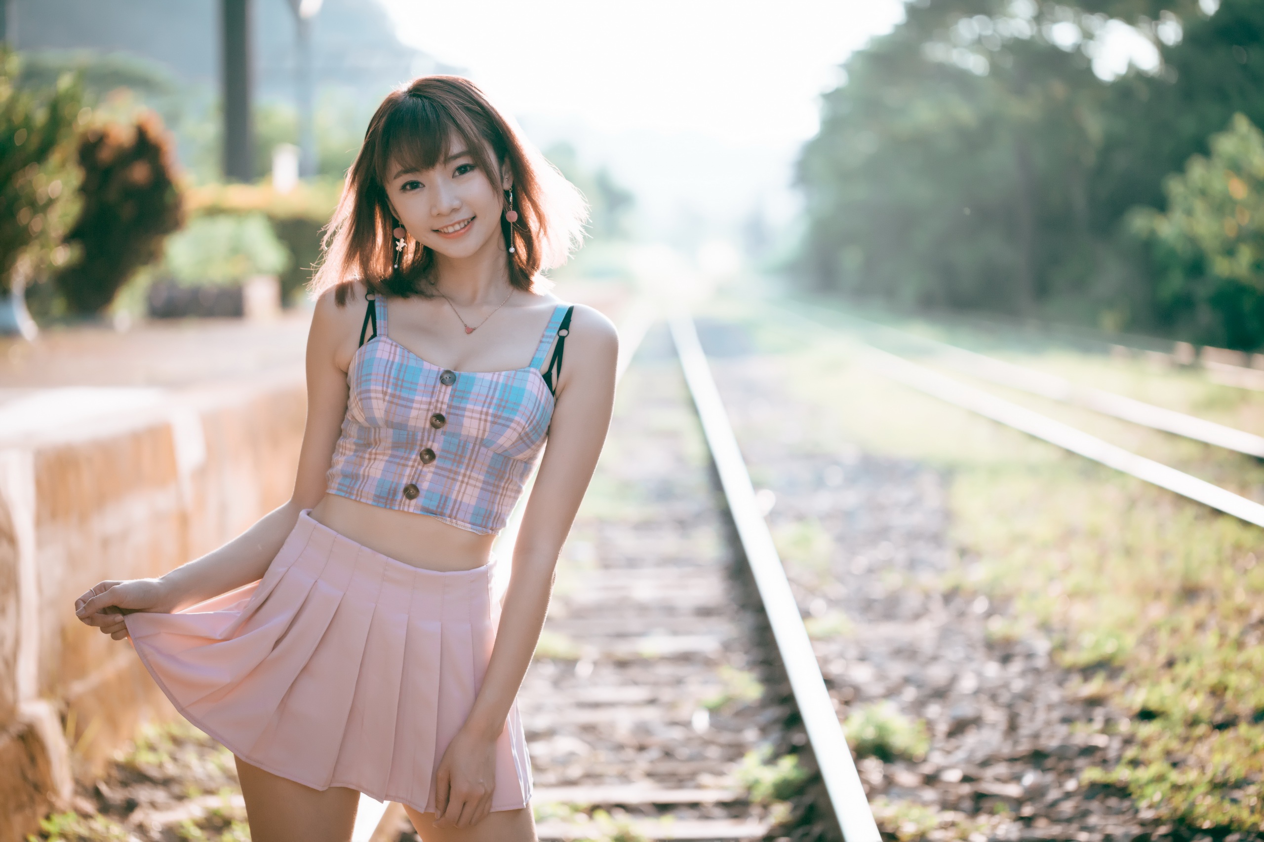 Asian Brunette Depth Of Field Girl Model Plaid Skirt Smile Woman Wallpaper Resolution
