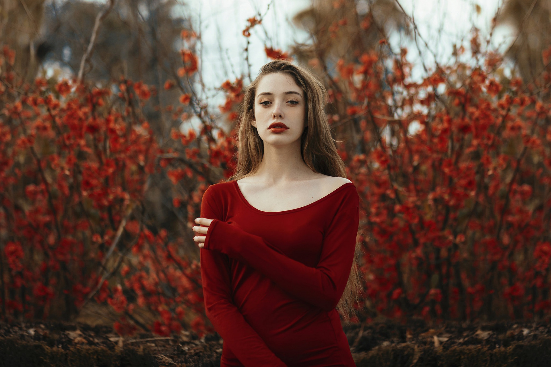 Model Red Dress Dress Photography Looking At Viewer Red Brunette Long Hair Depth Of Field Red Flower 1920x1280