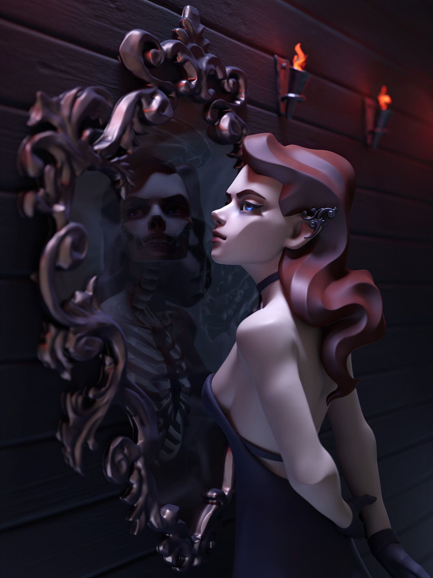 Anna Tutova Skeleton Standing Reflection Digital Art Redhead Bare Shoulders Blue Eyes CGi 3D Mirror  1500x2000
