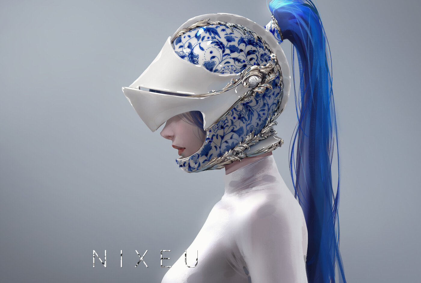 Nixeu Drawing Women Helmet Profile Ponytail Blue Hair Pattern Simple Background 1400x941