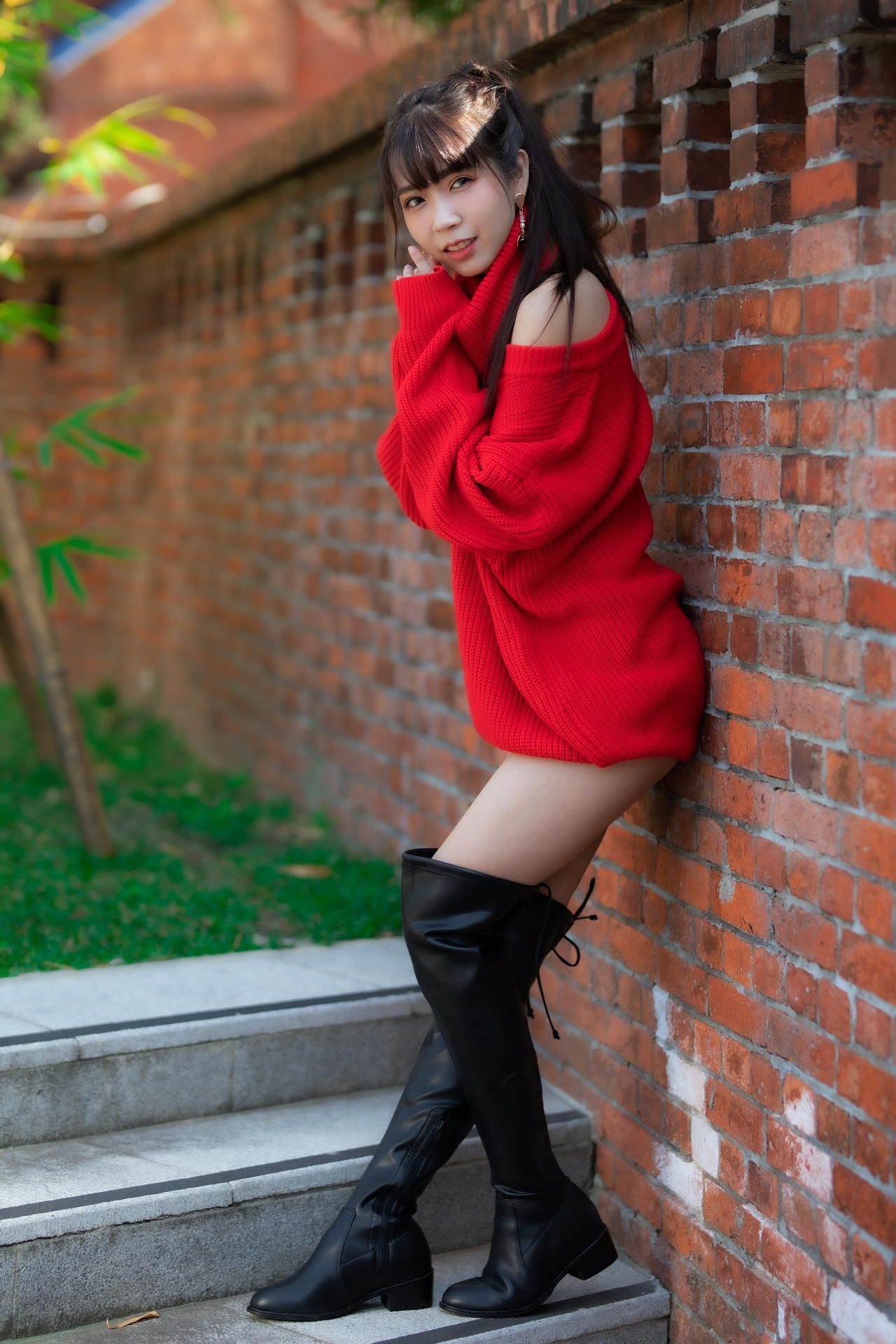 Asian Model Women Long Hair Dark Hair Boots Red Pullover Wall Bricks Serene Liu Knee High Boots 1280x1920