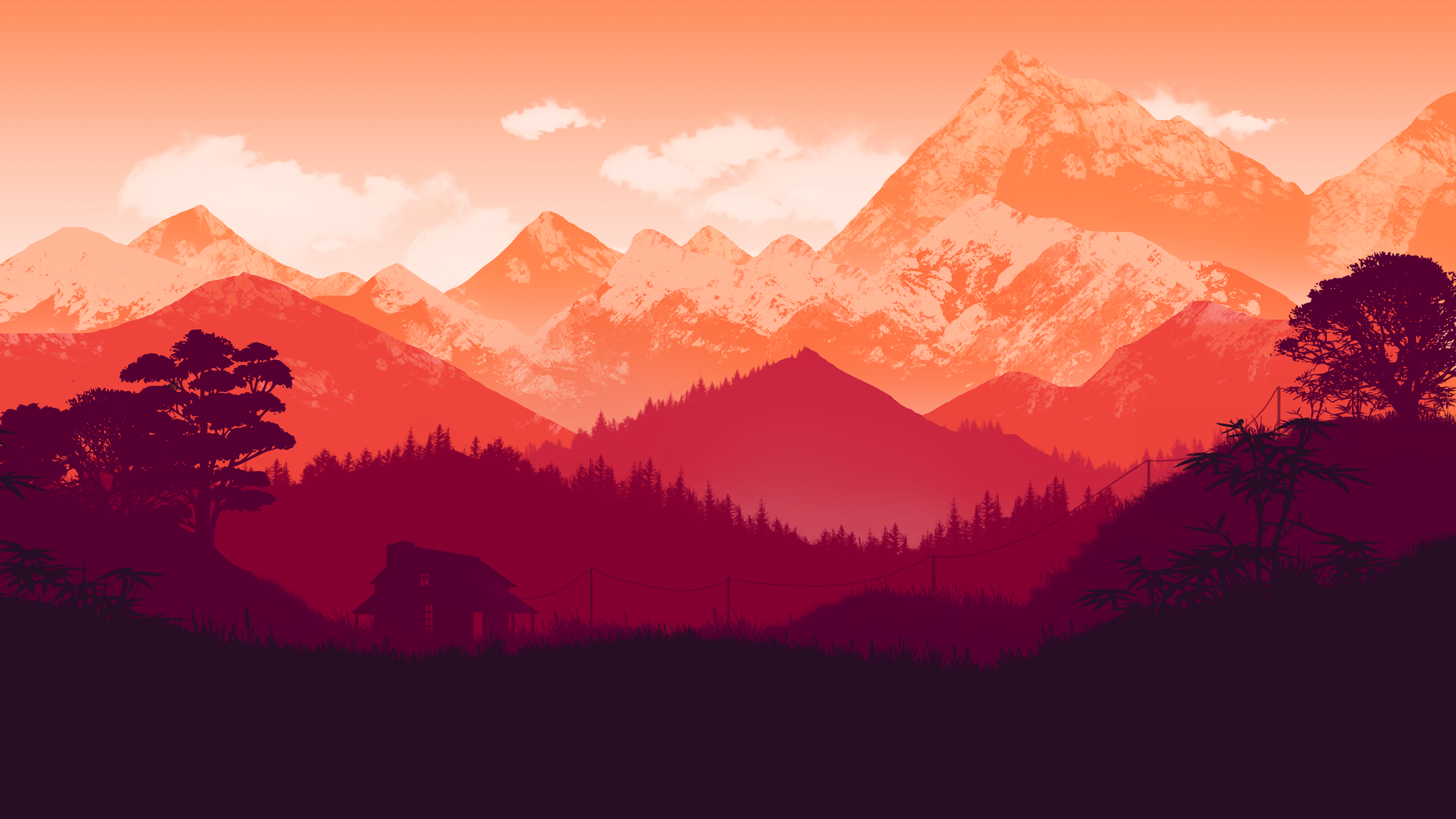 Dusk Mountains Forest Digital Artwork Clouds House Powerlines 3840x2160