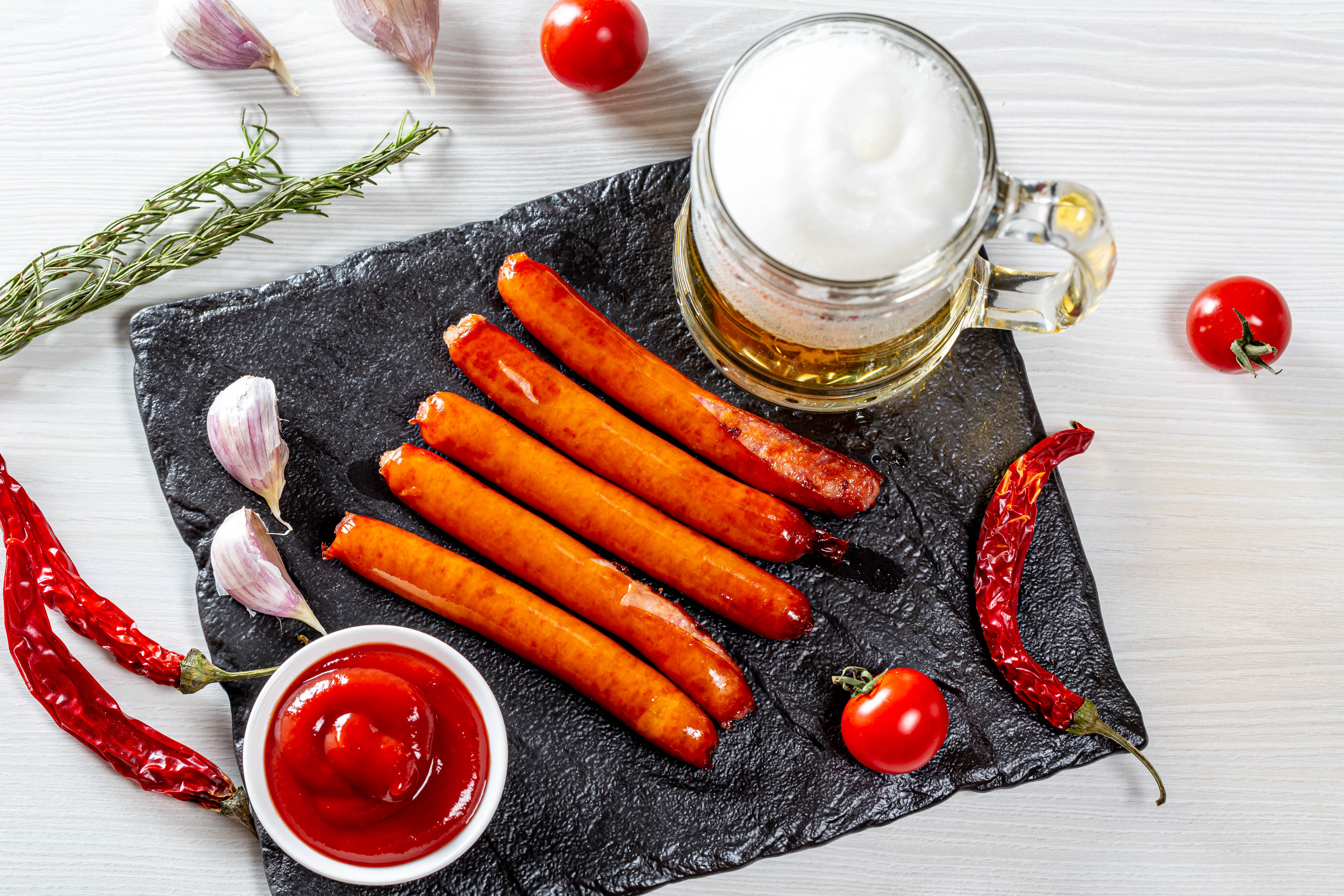 Beer Ketchup Meat Pepper Sausage Still Life Tomato 5760x3840