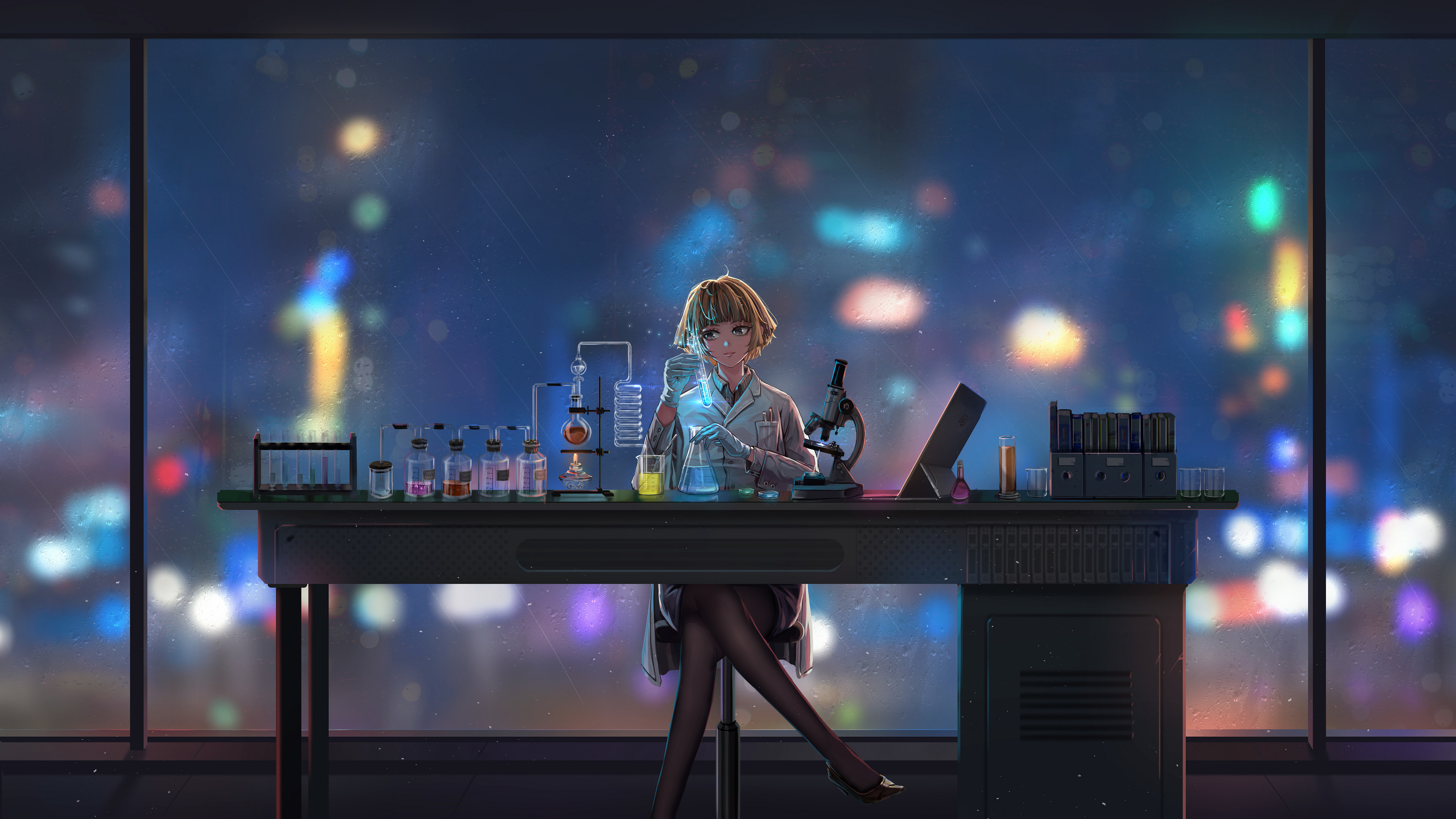Jesson W Artist Artwork 2D Digital Original Characters Science Desk Chemistry Rain Colorful Women Ba 3840x2160
