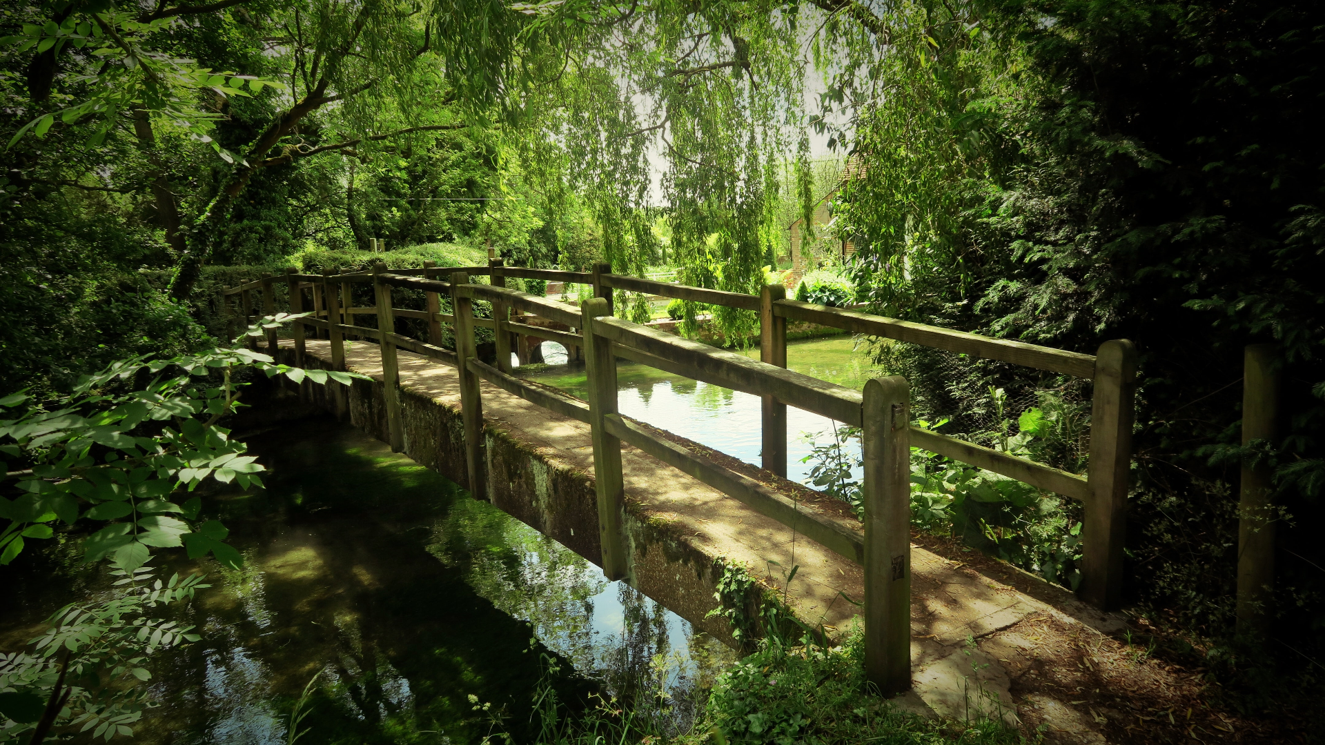 Nature Trees House Grass Plants Wooden Bridge River England 1920x1080