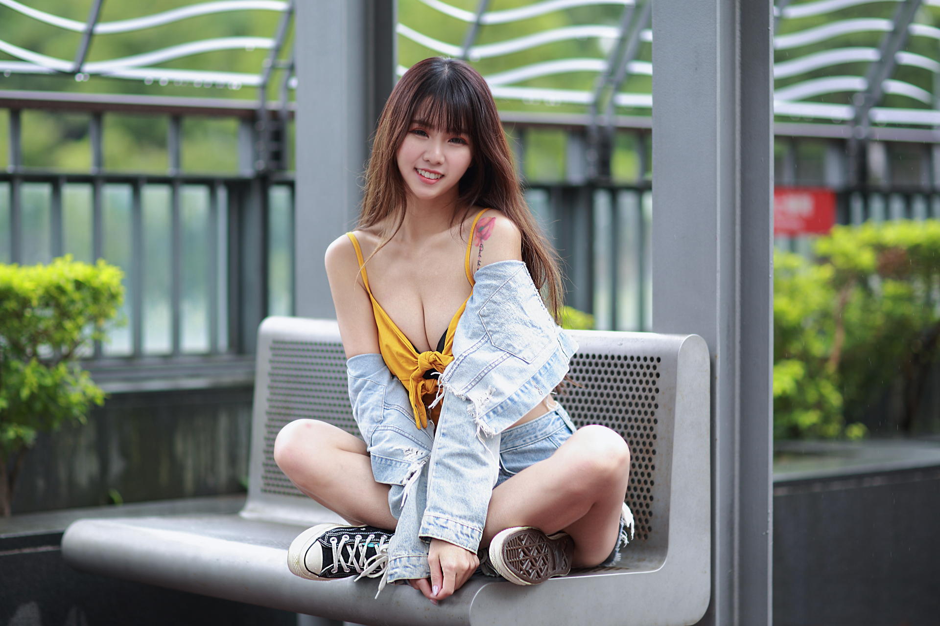 Asian Model Women Long Hair Brunette Sitting Sneakers Shorts Yellow Tops Bench 1920x1280