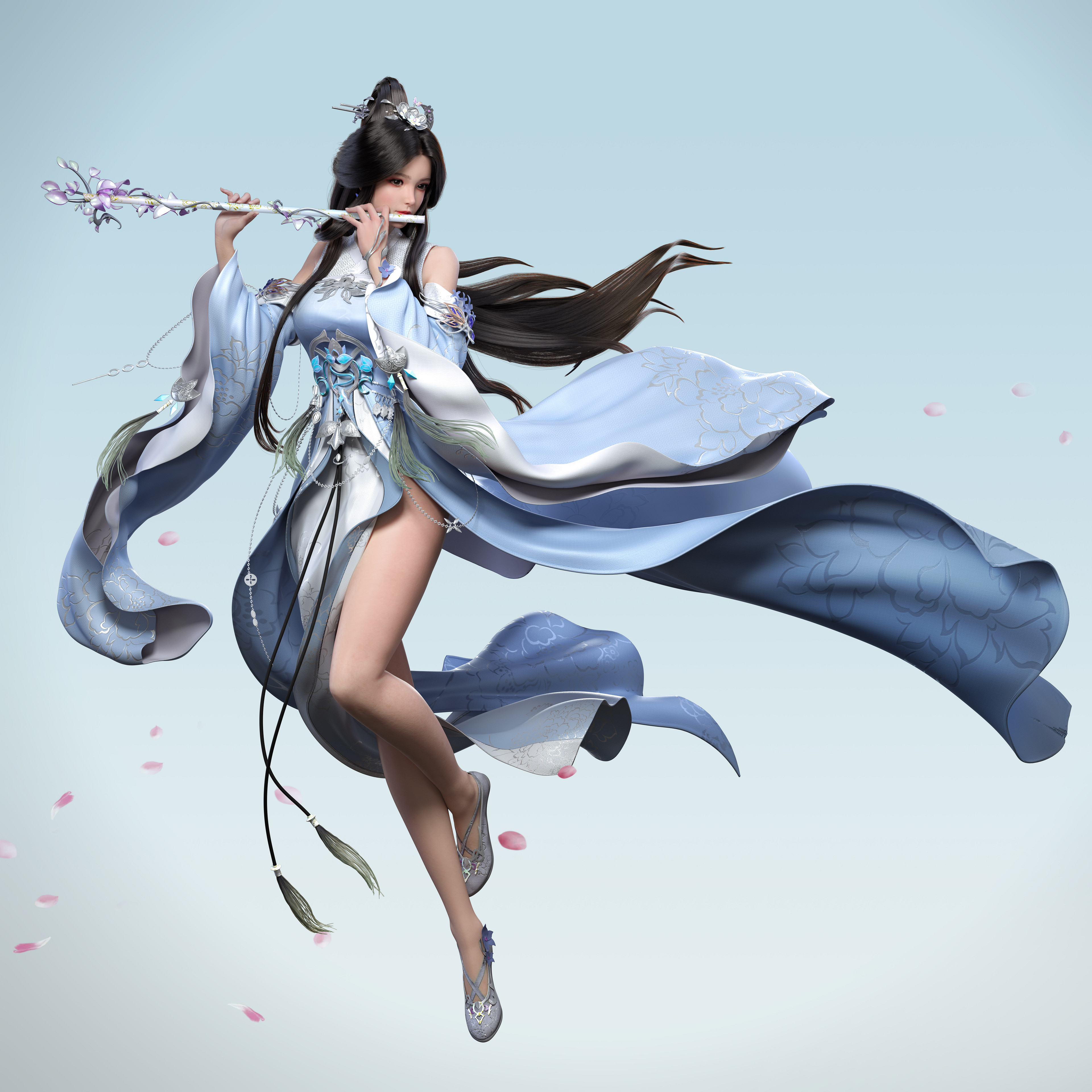 Cifangyi CGi Women Asian Dark Hair Long Hair Wind Dress Blue Clothing Flute Singing Cherry Blossom S 3840x3840