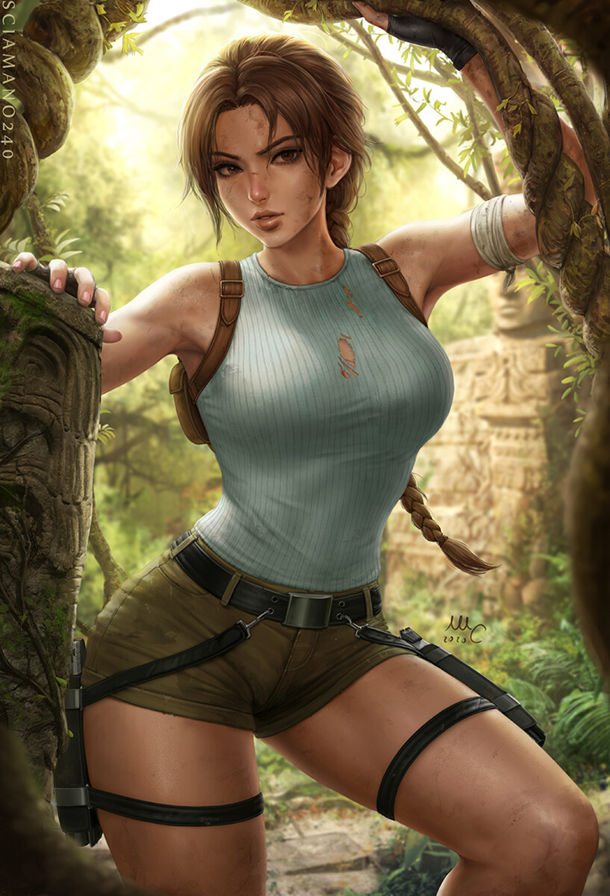 Drawing Tomb Raider Women Lara Croft Brunette Long Hair Braids Tank Top Torn Clothes Shorts Holster  871x1280